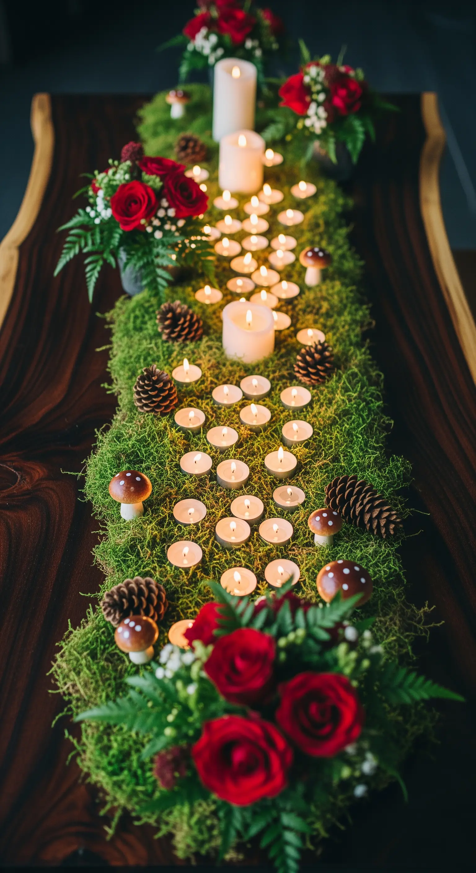 Tischläufer aus Moos, dekoriert mit Teelichtern, Tannenzapfen und roten Rosen.