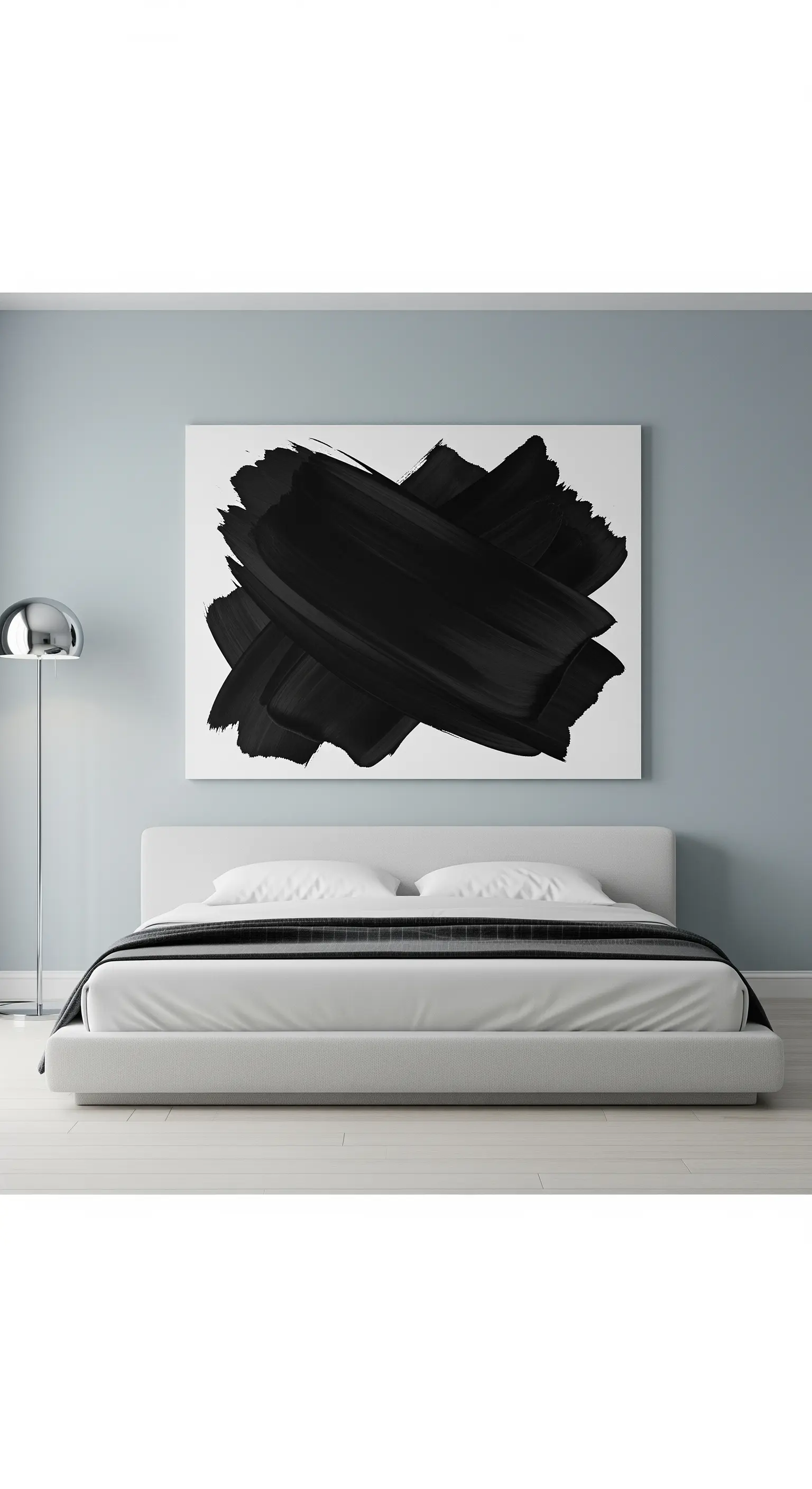 Großes, abstraktes Schwarz-Weiß-Gemälde über einem minimalistischen Bett.