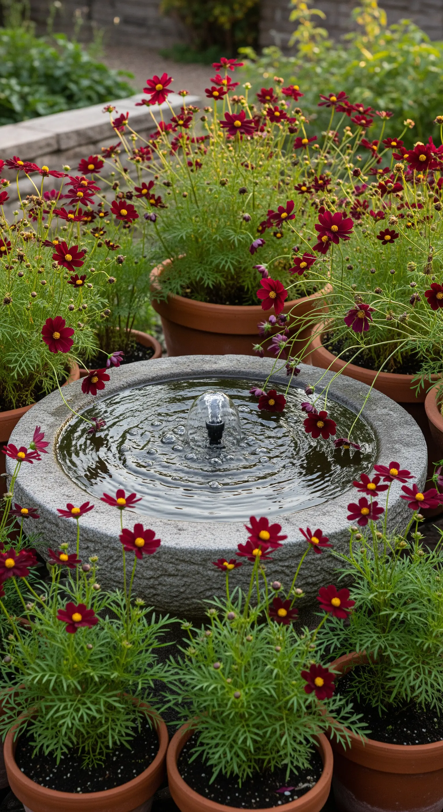 Ein kleines Wasserbecken in einer Steinschale, umringt von Töpfen mit dunkelroten Schokoladen-Kosmeen.