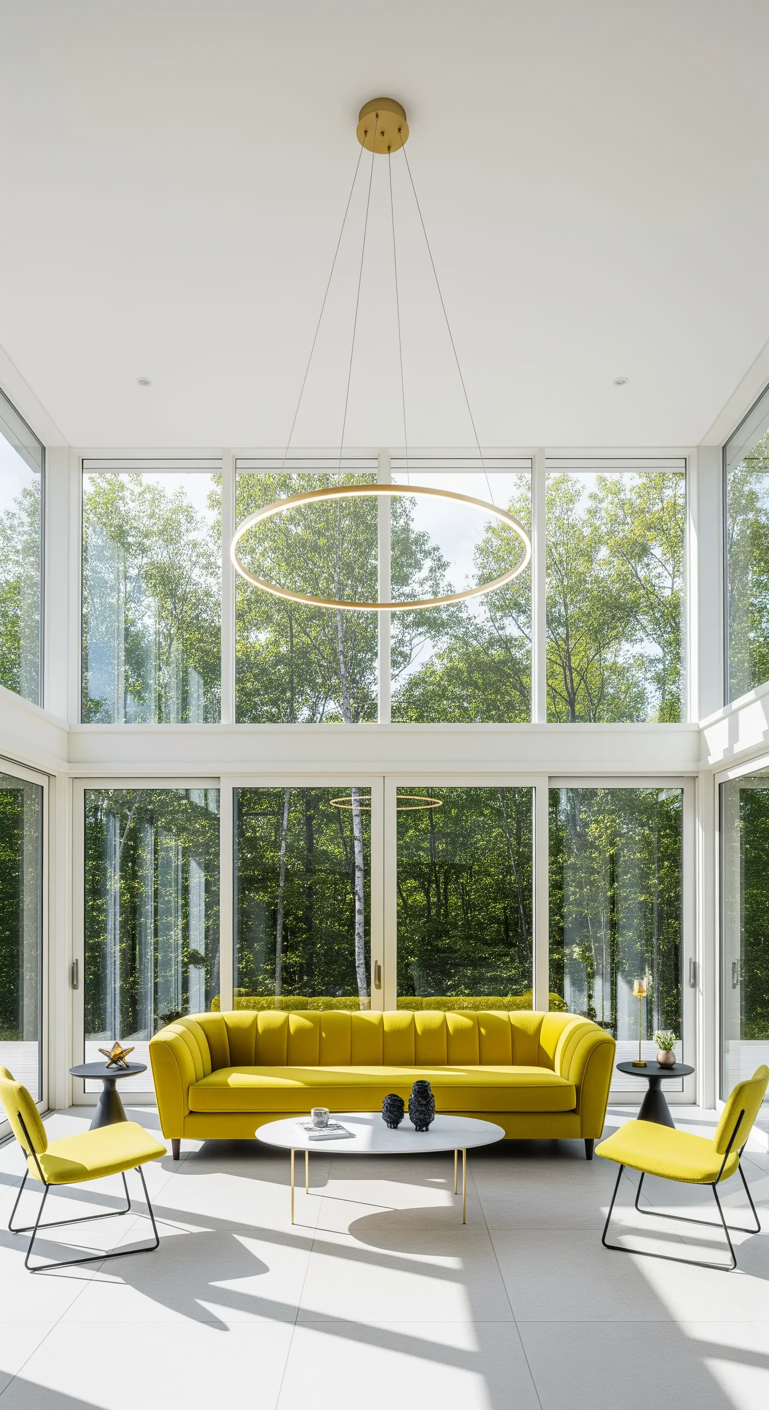 Leuchtend gelbes Sofa in einem minimalistischen Wintergarten mit Glaswänden.