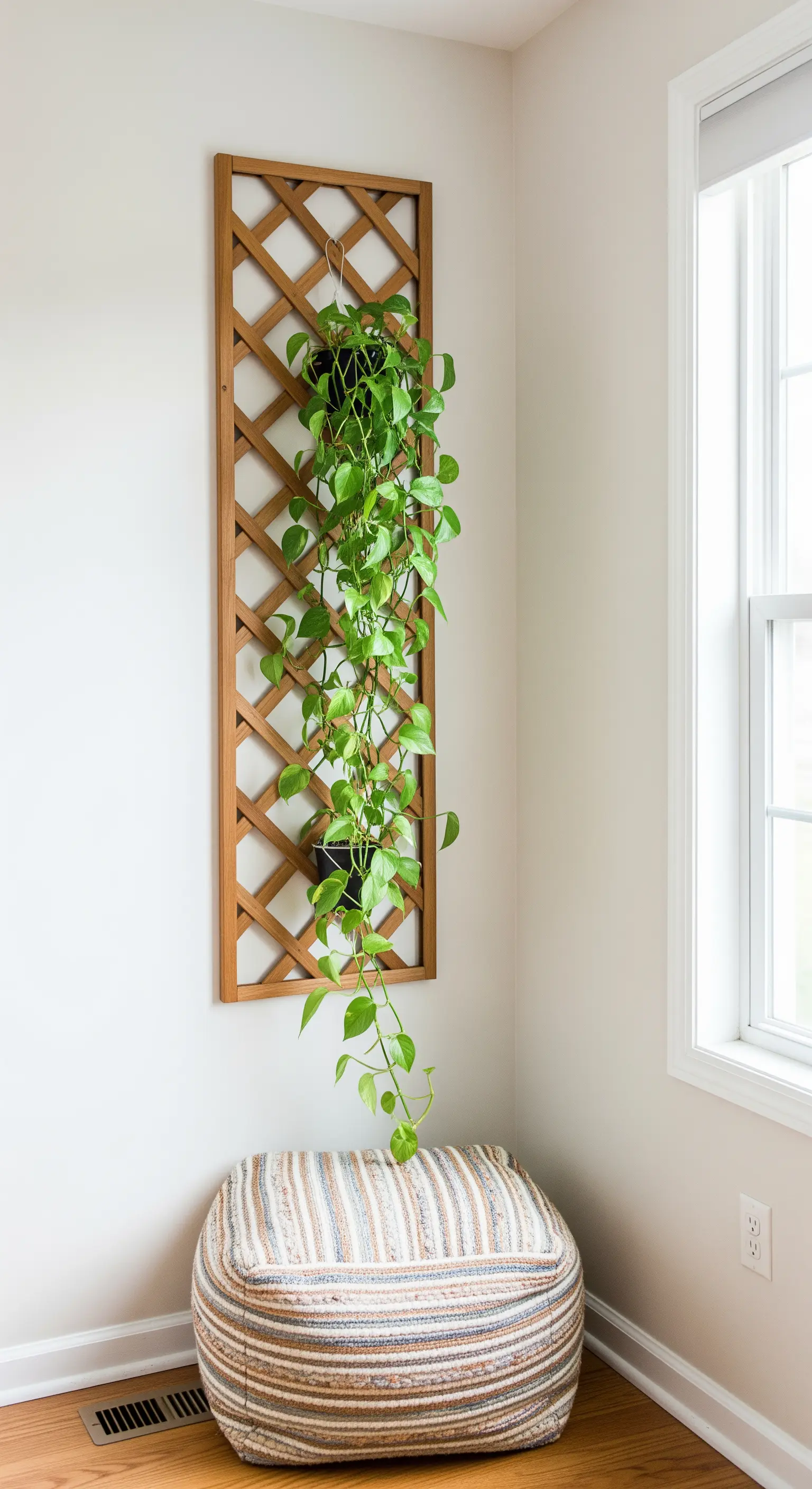 Ein schmales Holz-Rankgitter an der Wand, an dem eine einzelne Efeutute herunterrankt.
