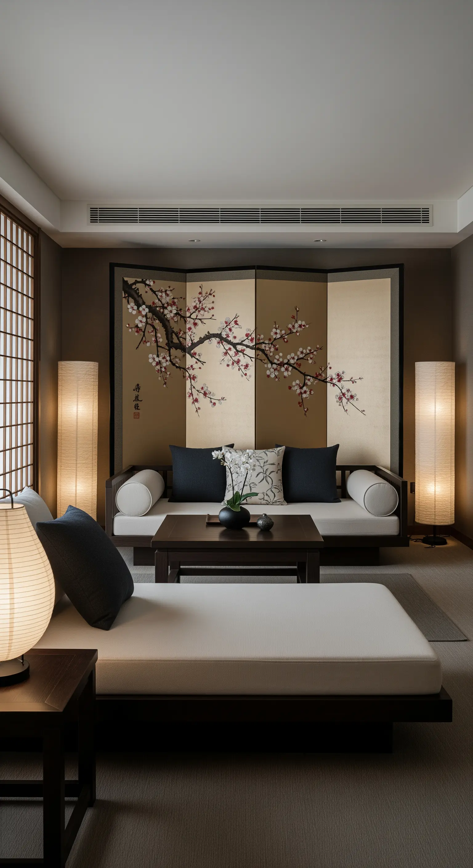 Asiatisch inspiriertes Wohnzimmer mit Paravent, Kirschblütenmotiv und Papierlaternen.