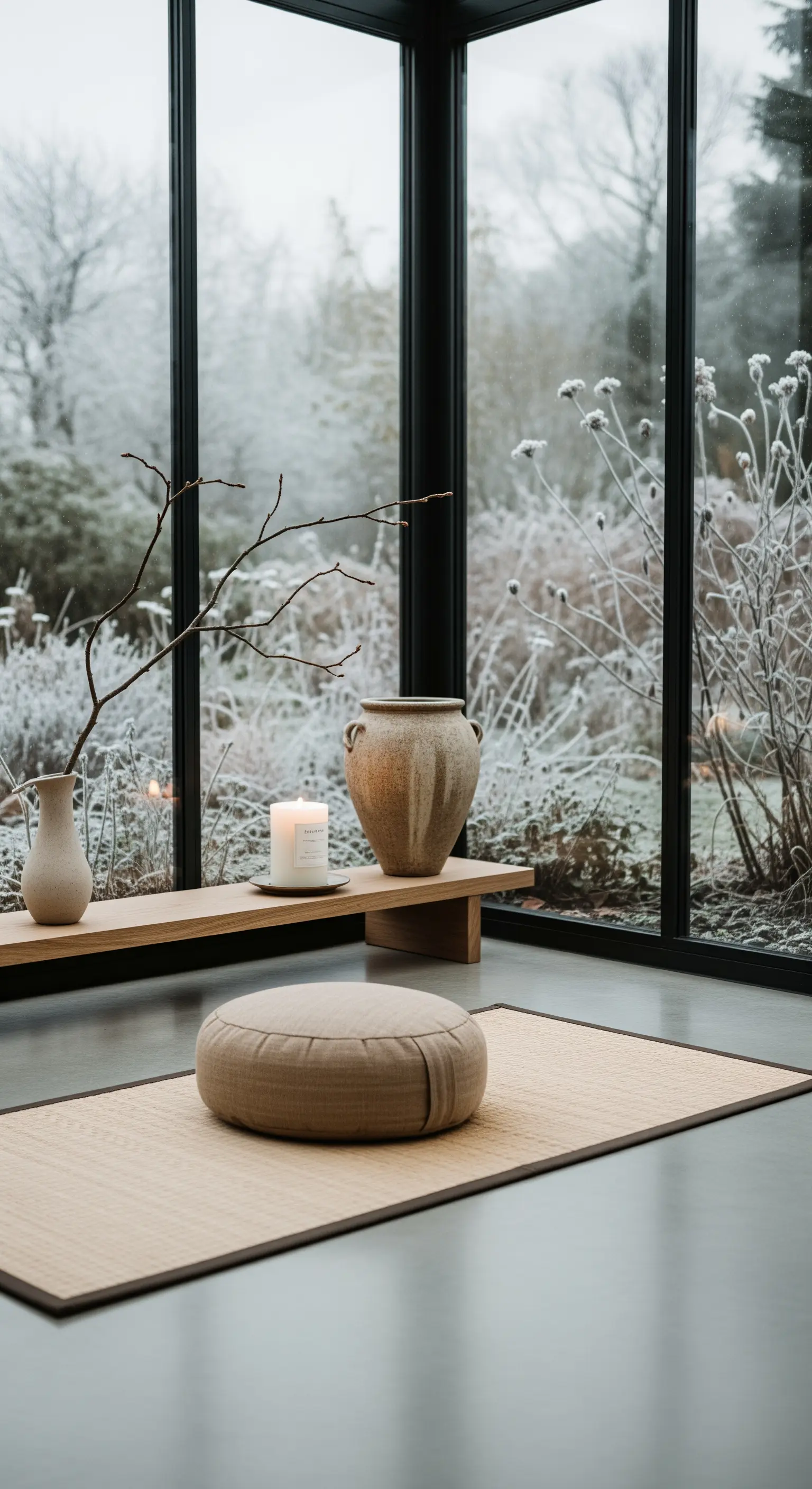 Minimalistischer Meditationsplatz im Japandi-Stil mit Kissen, Kerze und Zweig.