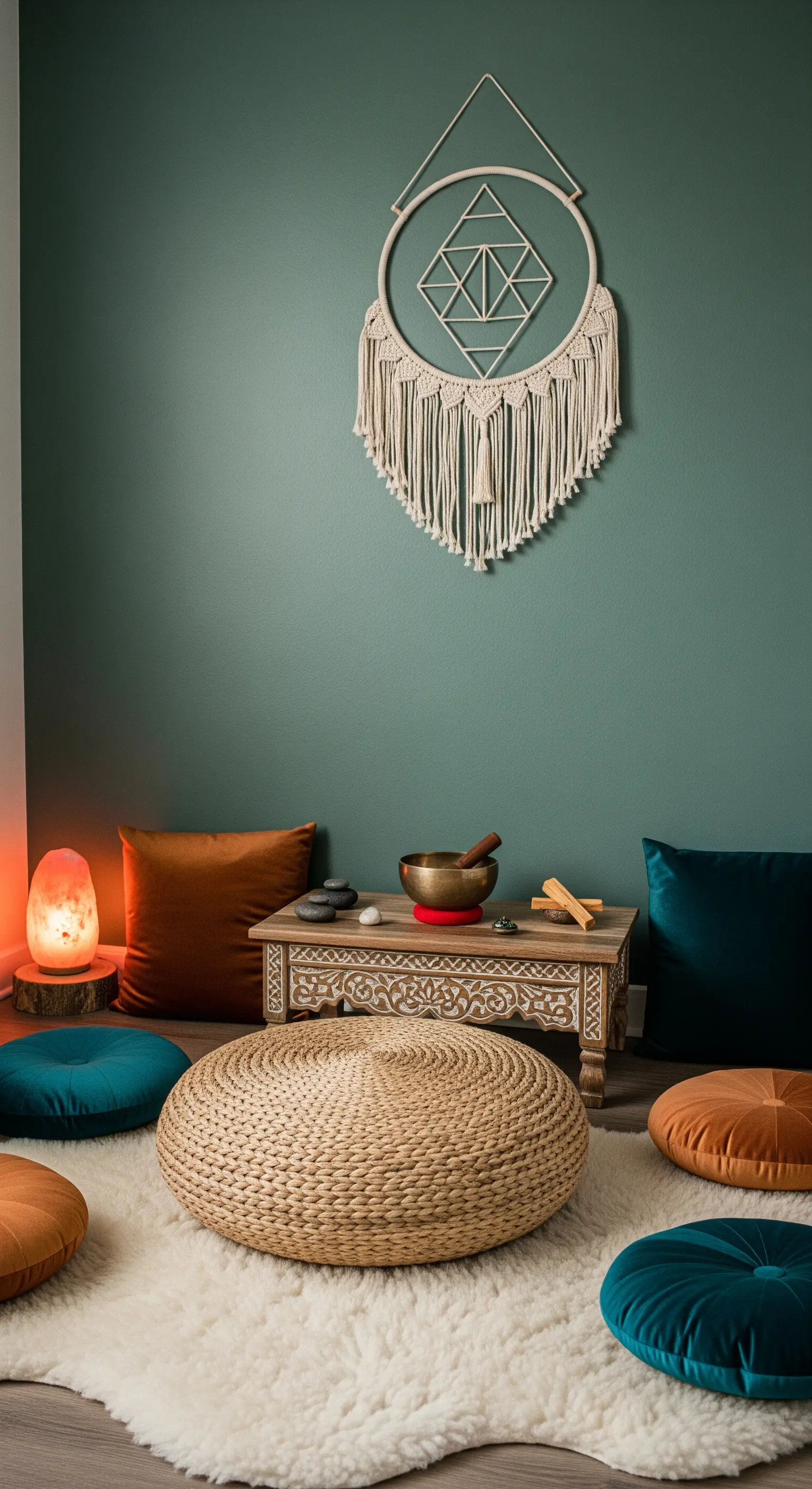 Meditations-Ecke mit Bodenkissen, Salzlampe und einem Makramee-Wandbehang an einer grünen Wand.