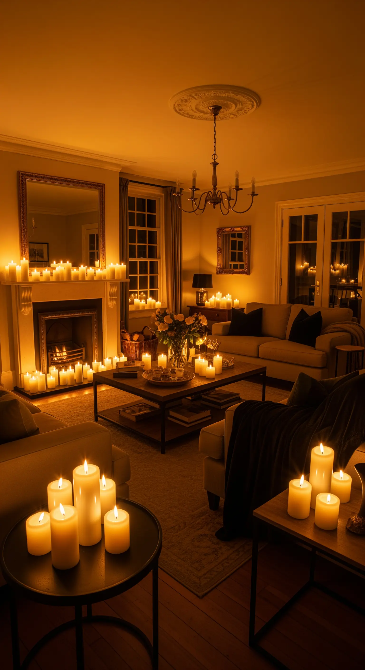 Ein ganzes Wohnzimmer, das ausschließlich durch das goldene Licht unzähliger Kerzen erhellt wird.