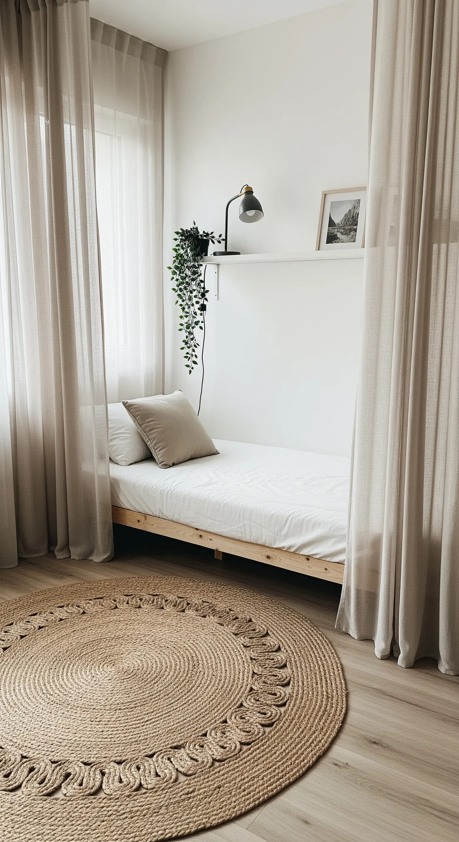 Kleine Schlafnische, die durch vom Boden bis zur Decke reichende Vorhänge abgetrennt ist.