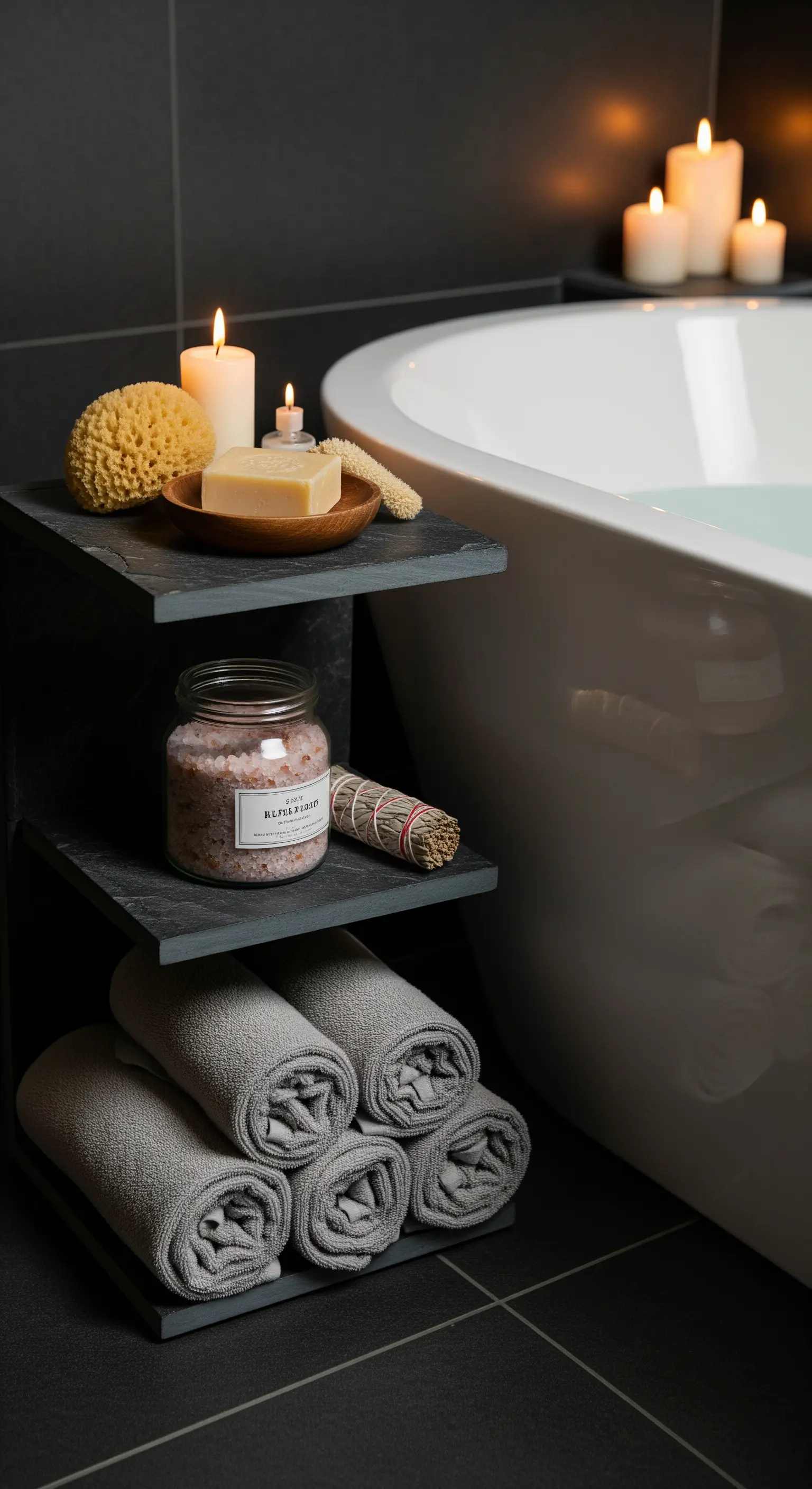 Dunkle Schiefer-Etagere neben einer Badewanne mit Badesalz, Kerzen und Seife.