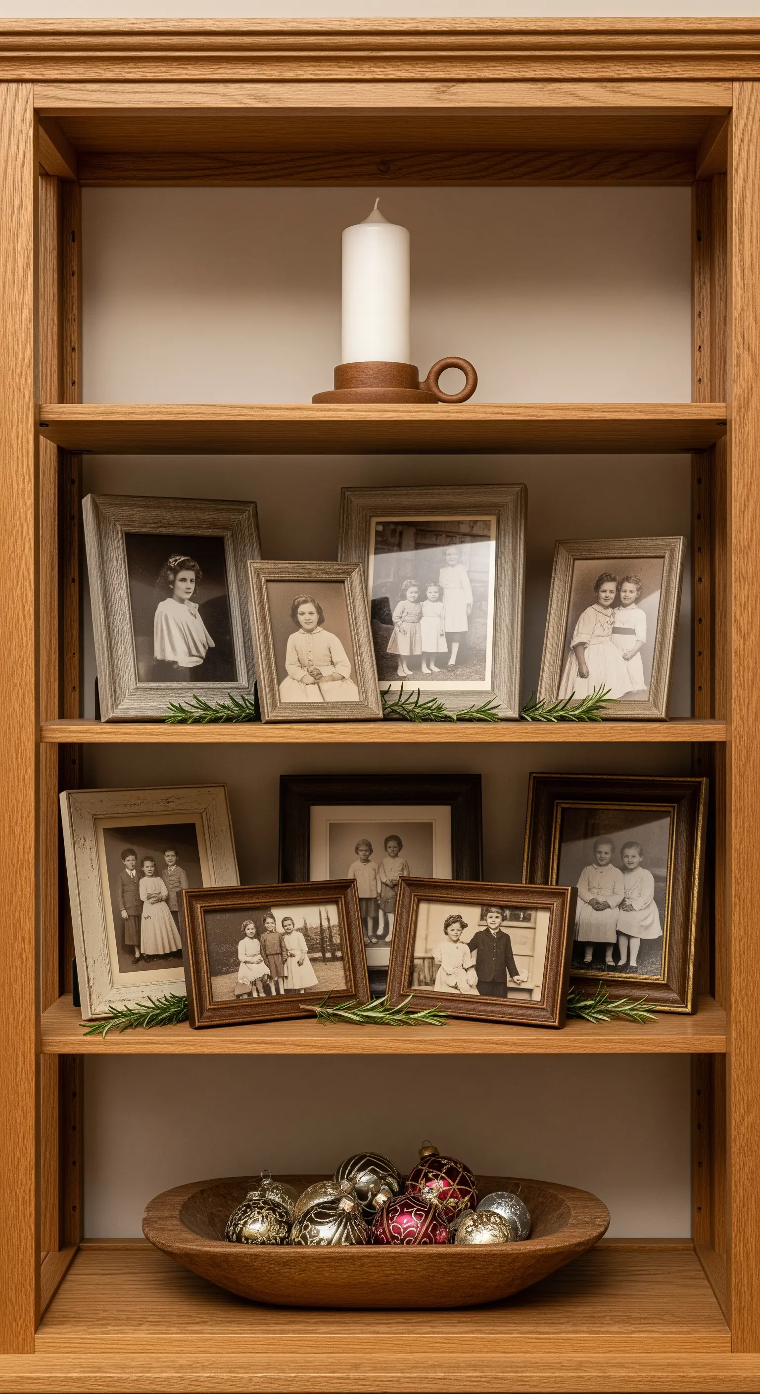 Bücherregal gefüllt mit alten Familienfotos in verschiedenen Rahmen und Weihnachtskugeln