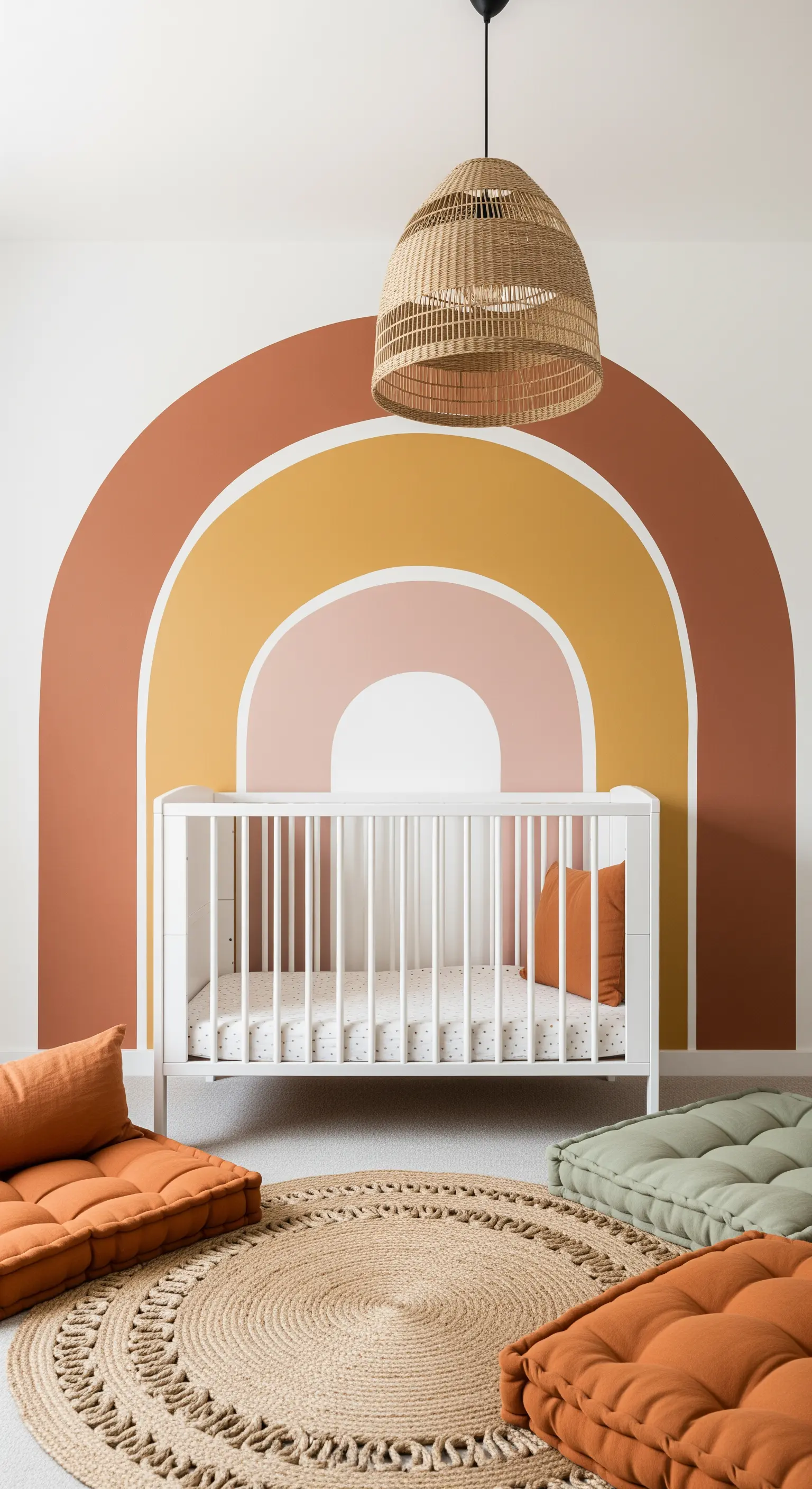 Babybett vor einer Wand mit einem großen, in Erdtönen gemalten Regenbogen.
