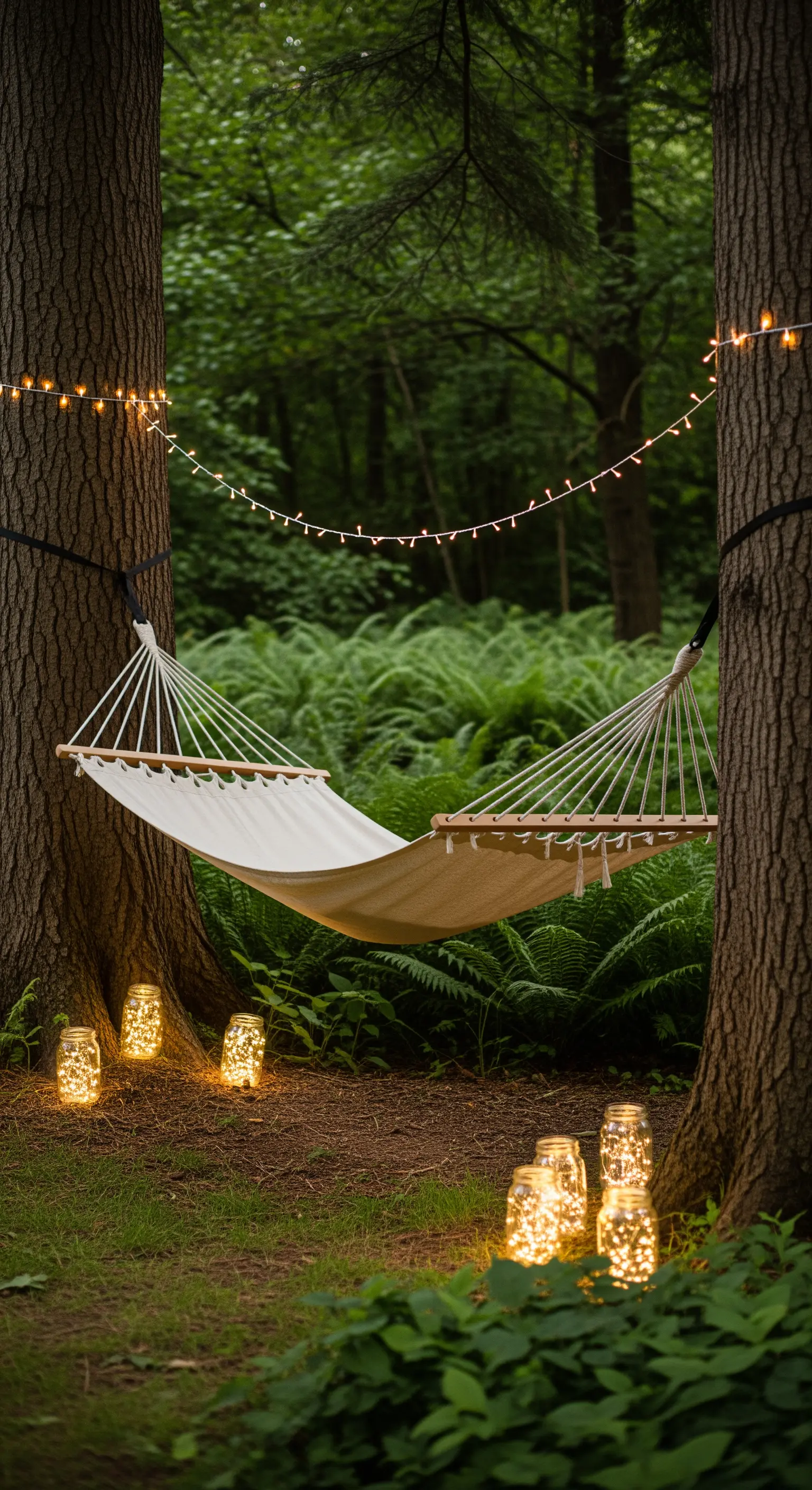 Eine Hängematte zwischen zwei Bäumen, beleuchtet von einer Lichterkette und leuchtenden Gläsern am Boden.