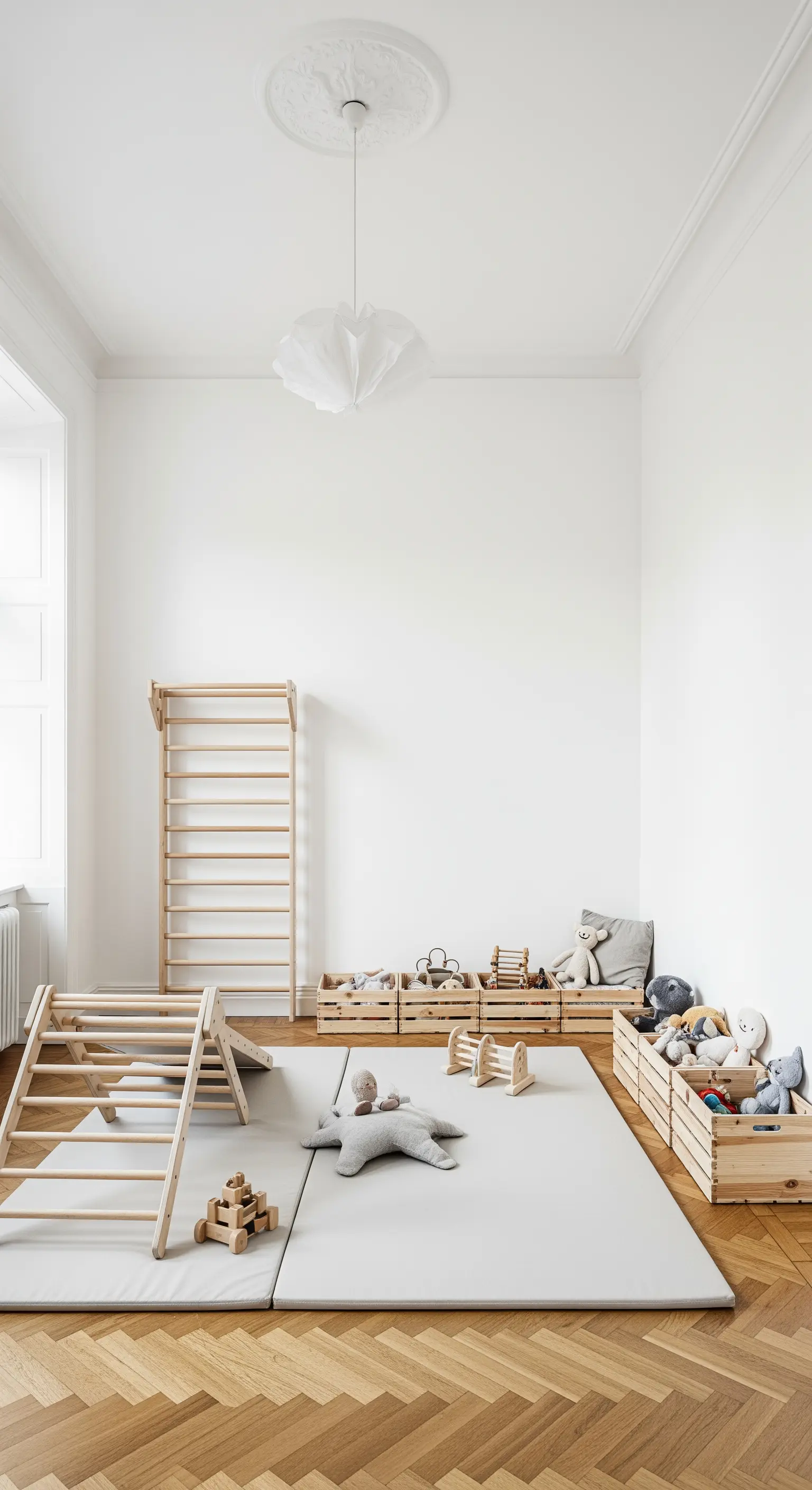 Helles, minimalistisches Kinderzimmer mit Holzspielzeug und Aufbewahrungskisten.