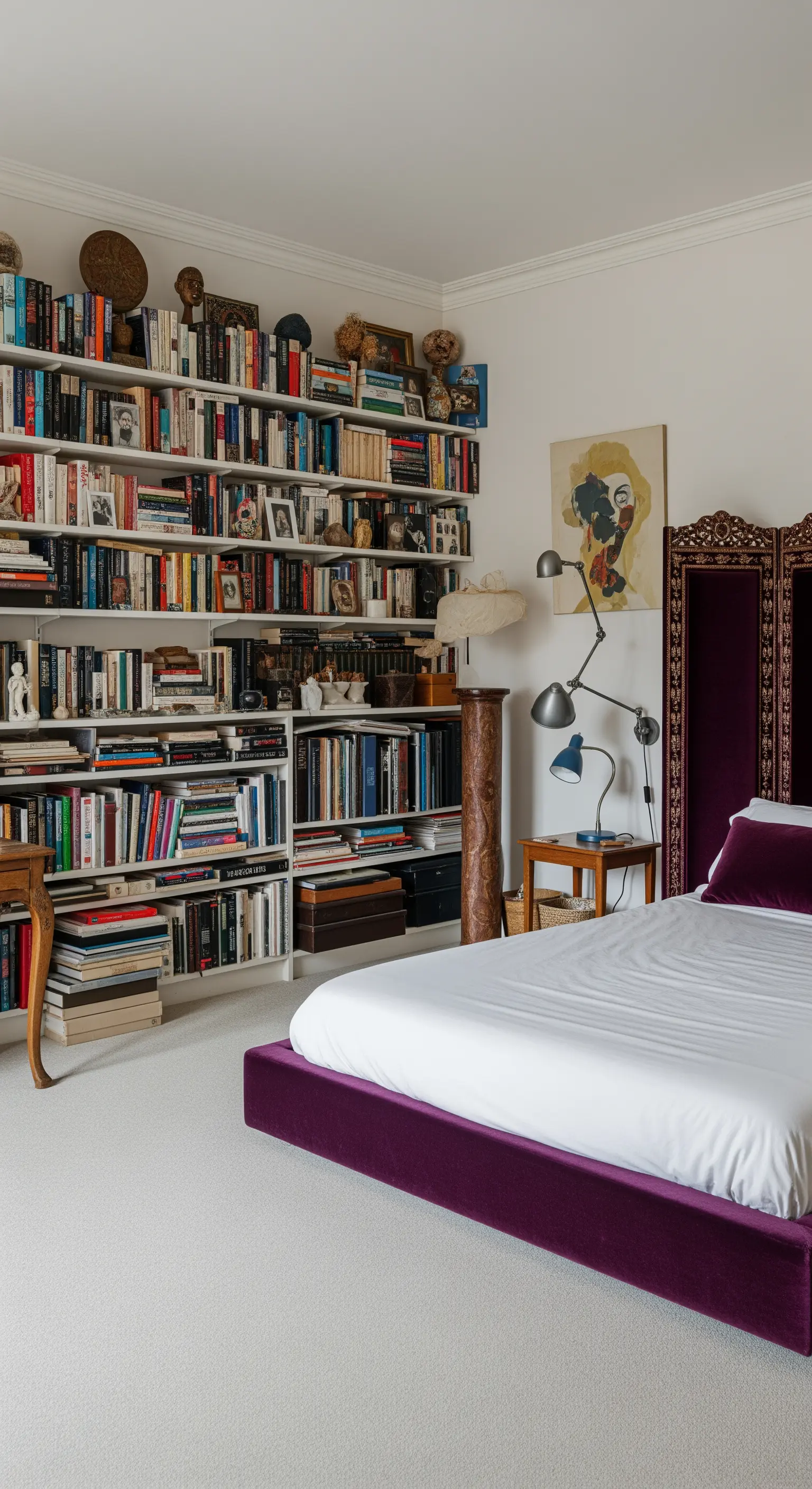 Tiefviolettes Samtbett vor einer großen, vollen Bücherwand in einem hellen Raum.