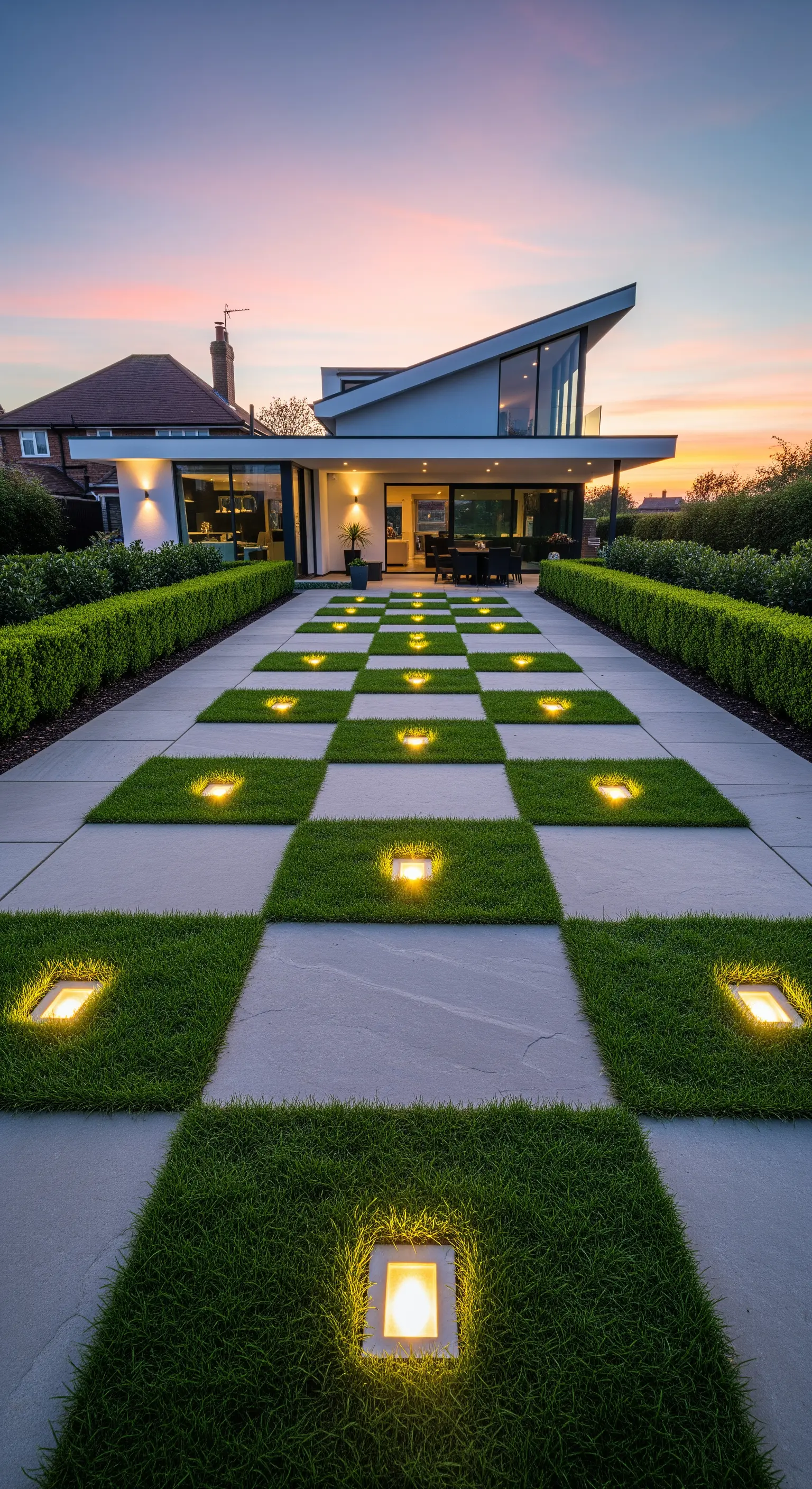 Ein Weg im Schachbrettmuster aus Stein und Gras, mit Bodenleuchten in den Rasenquadraten.