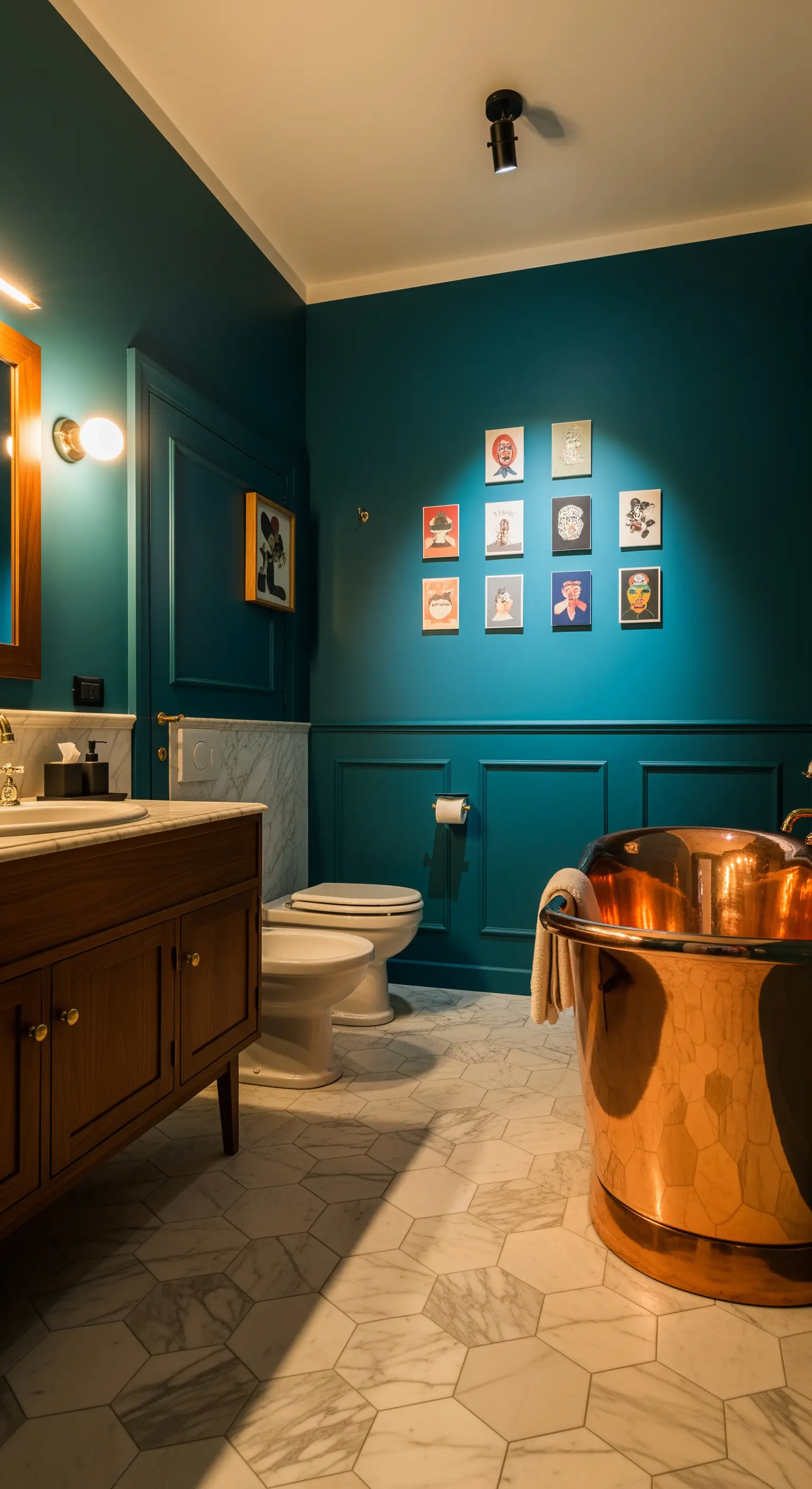 Badezimmer mit petrolfarbenen Wänden, einer Kupferbadewanne und einer kleinen Kunstgalerie.