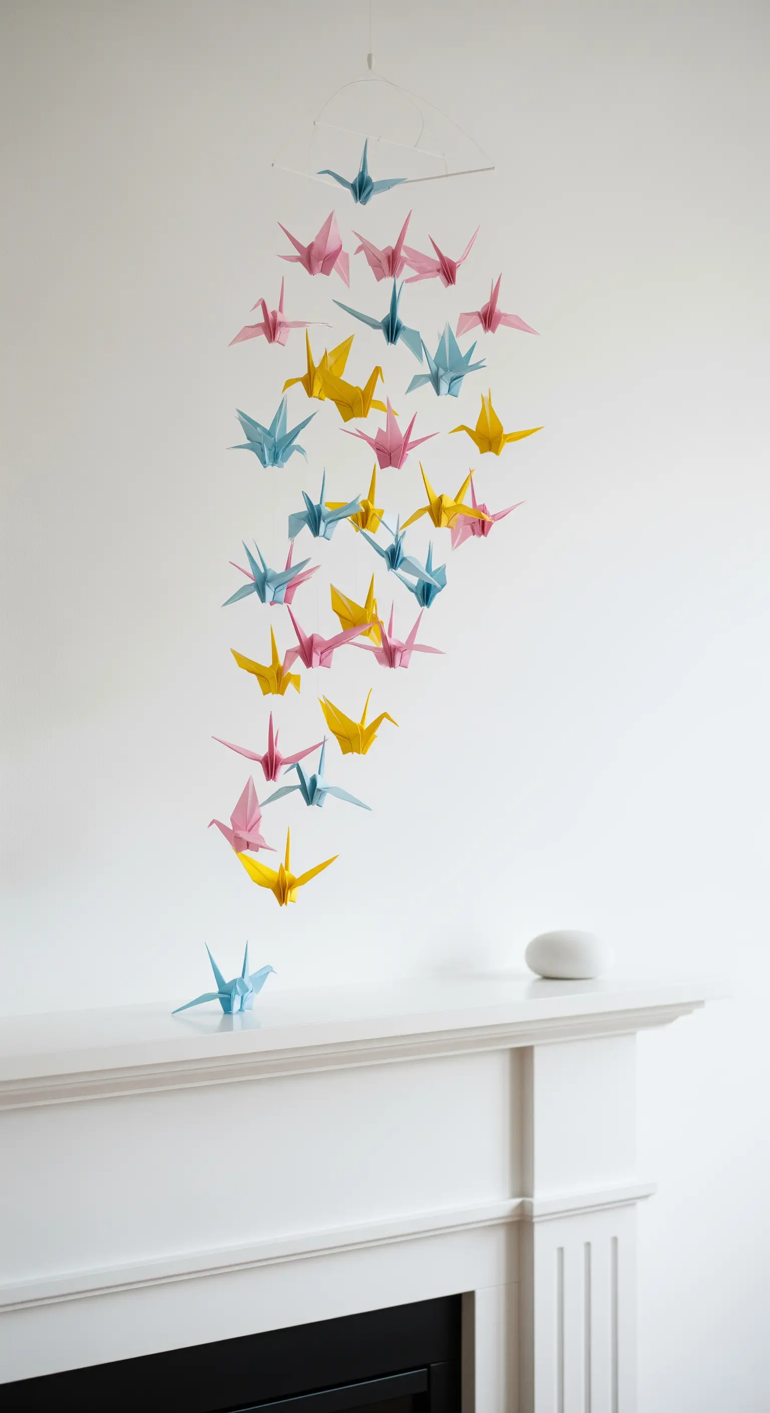 Herabschwebendes Mobile aus bunten Origami-Kranichen über dem Kamin.
