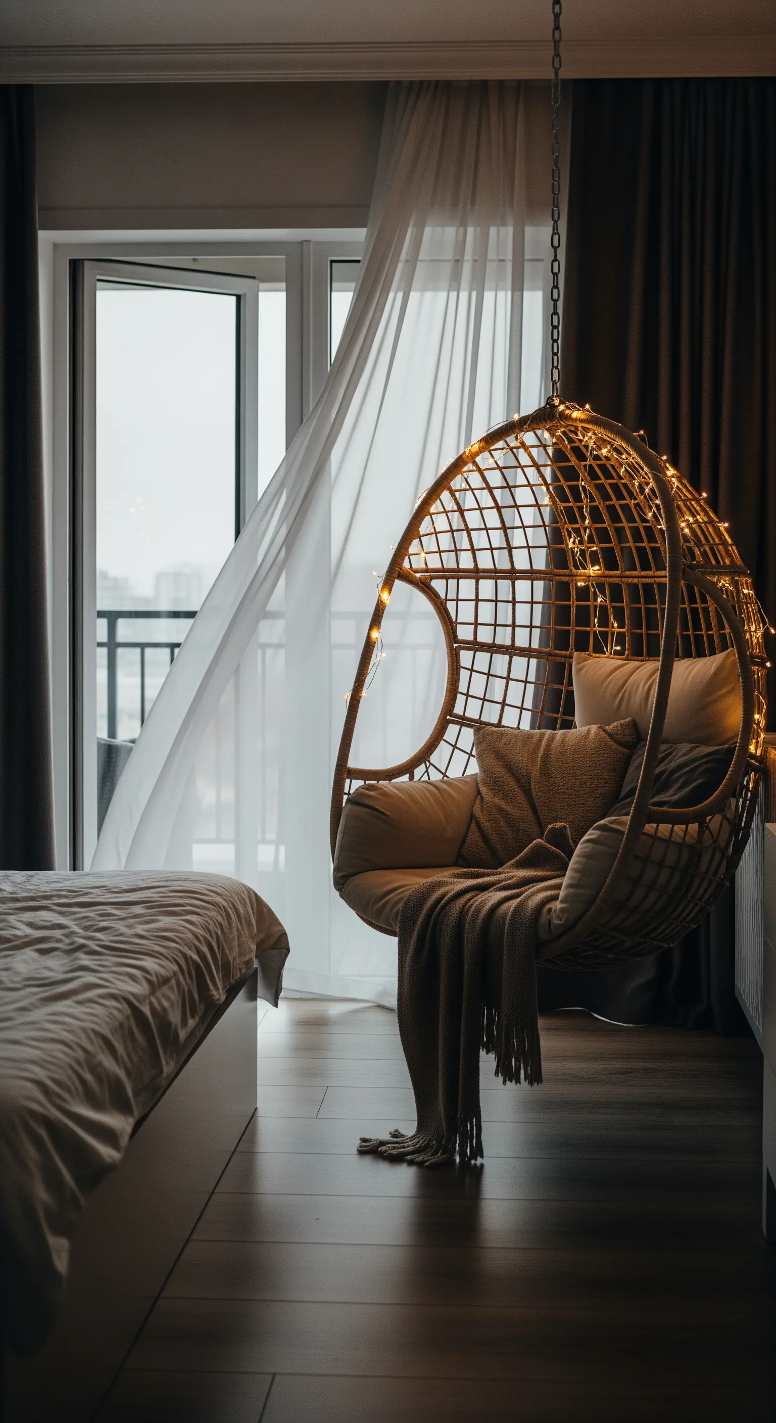 Ein Hängesessel aus Rattan, der mit einer warmen Lichterkette umwickelt ist.