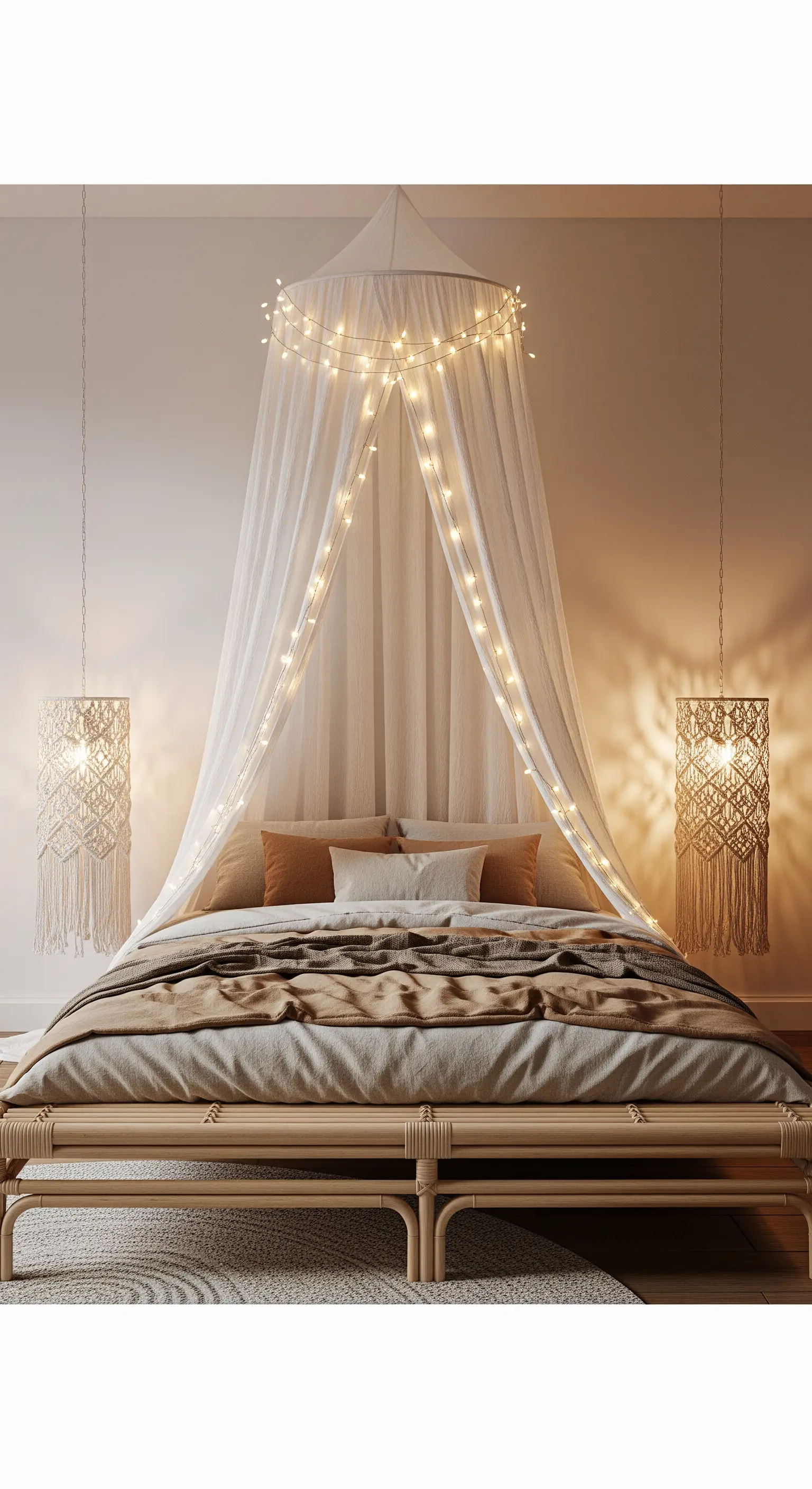 Boho-Schlafzimmer mit einem Betthimmel, der mit Lichterketten und Makramee-Lampen dekoriert ist.