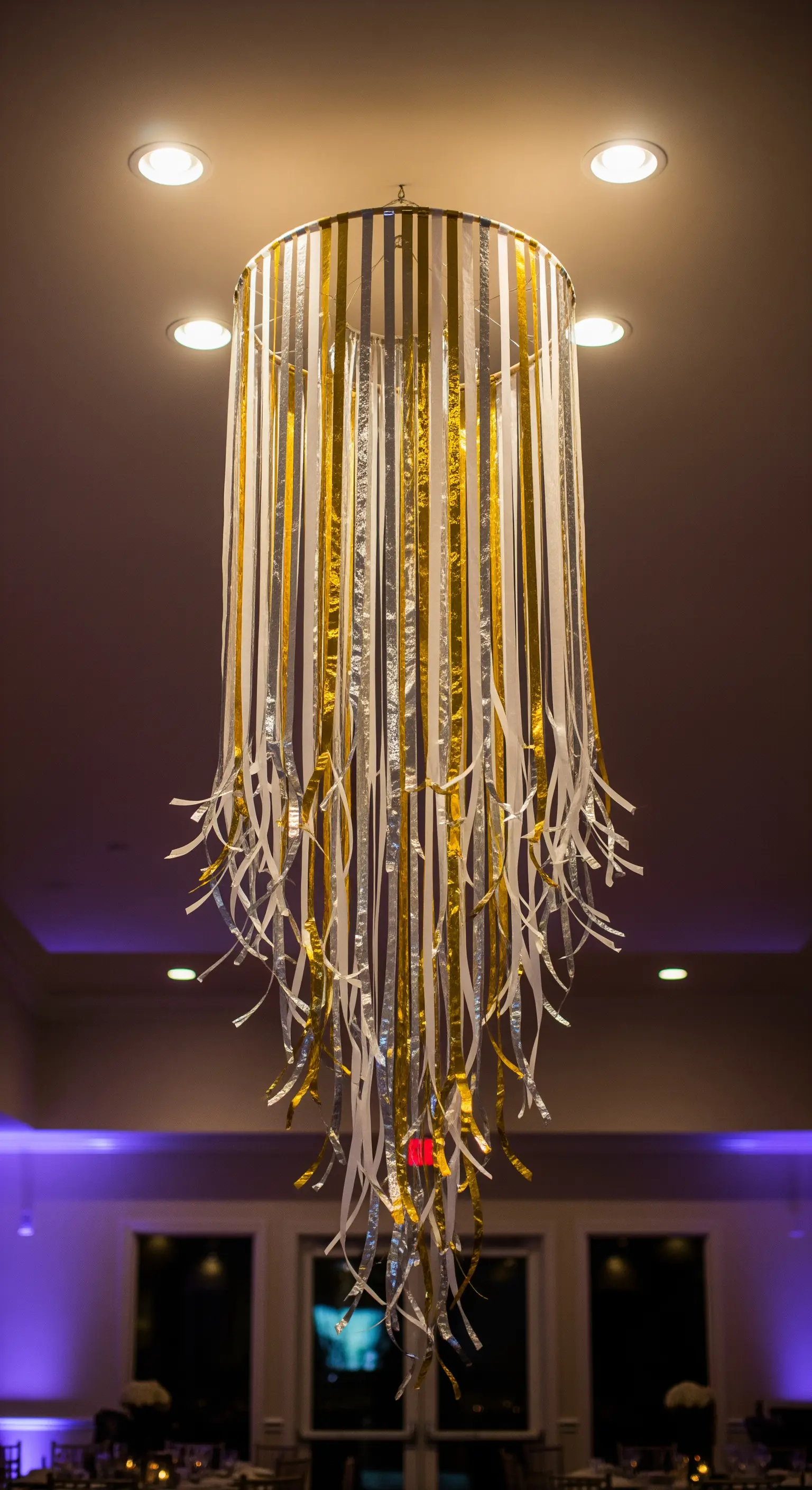 DIY-Kronleuchter aus goldenen und silbernen Papierstreifen, der von der Decke hängt.