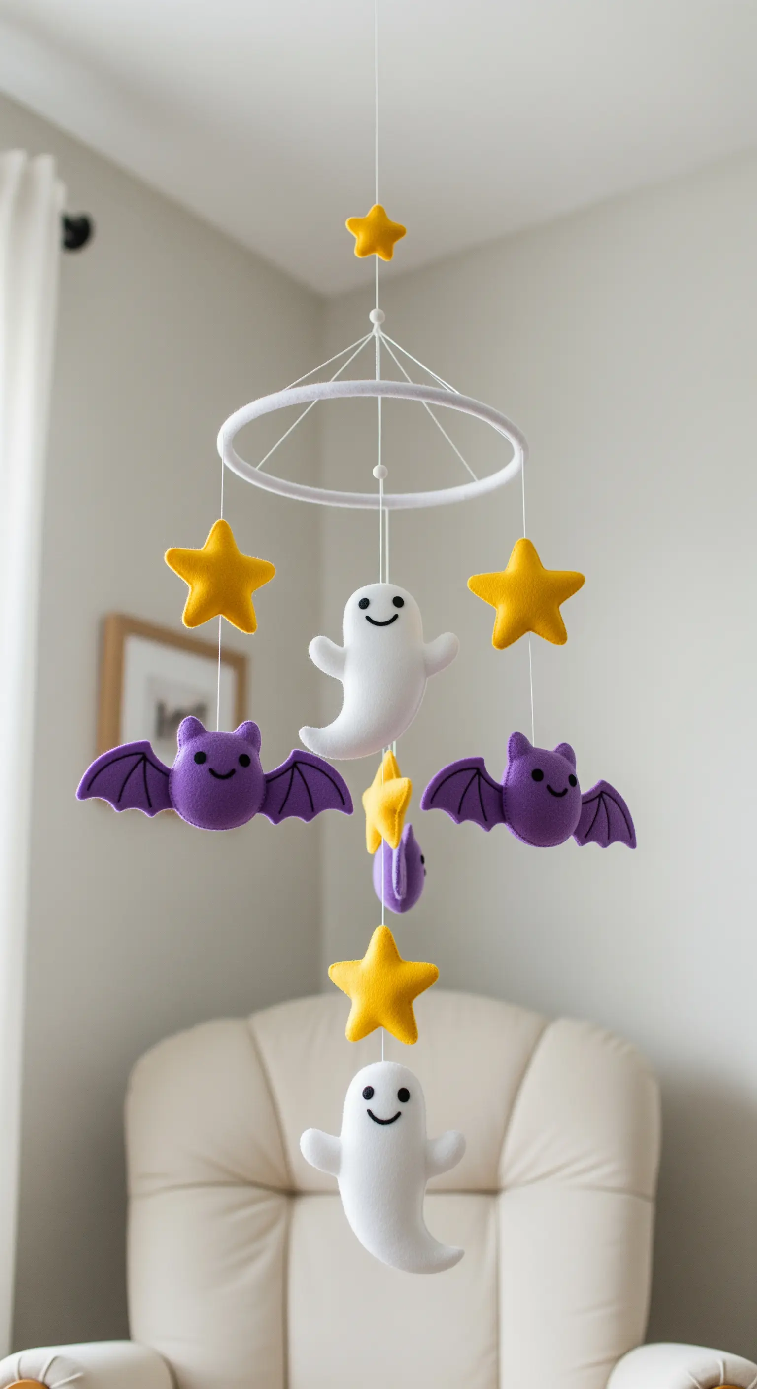 Ein süßes Halloween-Mobile mit Filz-Geistern, Fledermäusen und Sternen über einem Sessel.