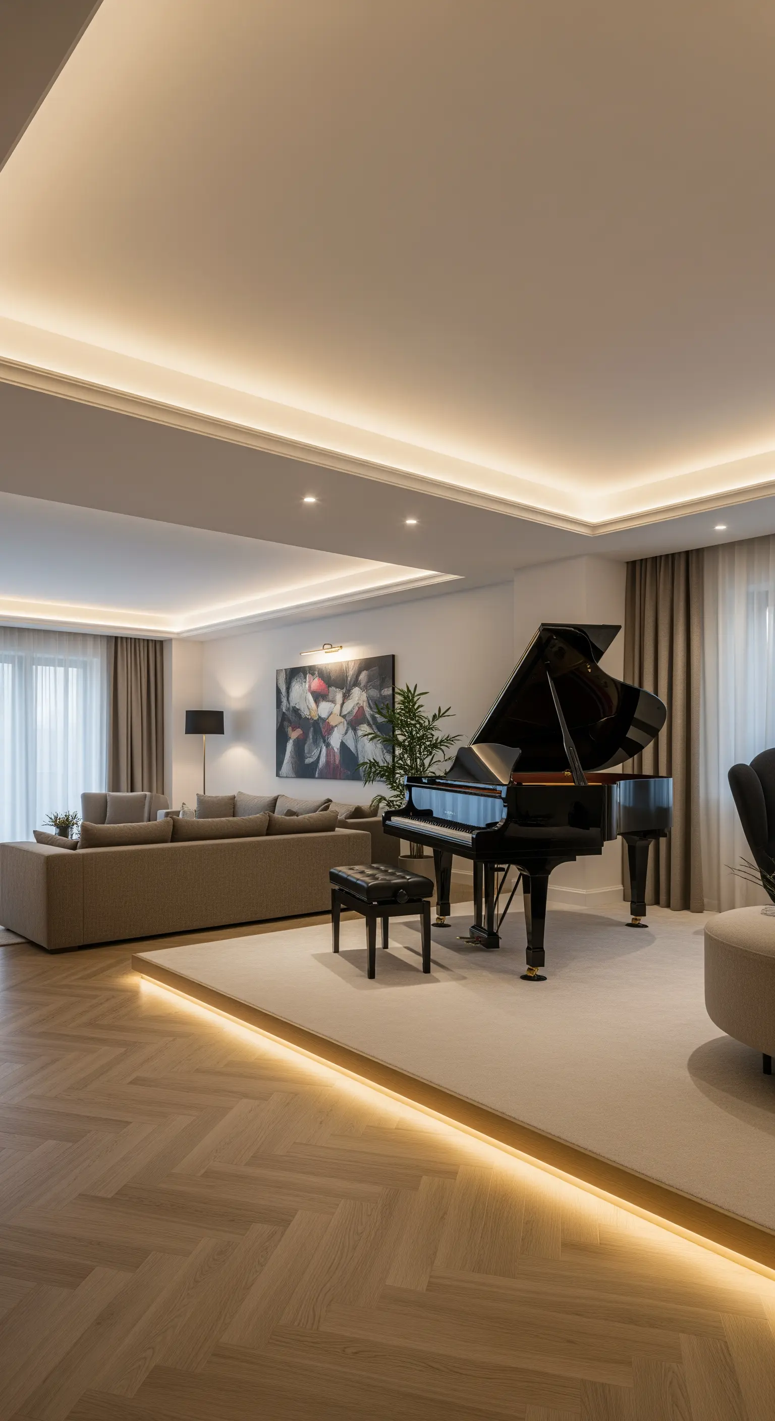 Wohnzimmer mit einem Flügel auf einem beleuchteten Podest, das zu schweben scheint