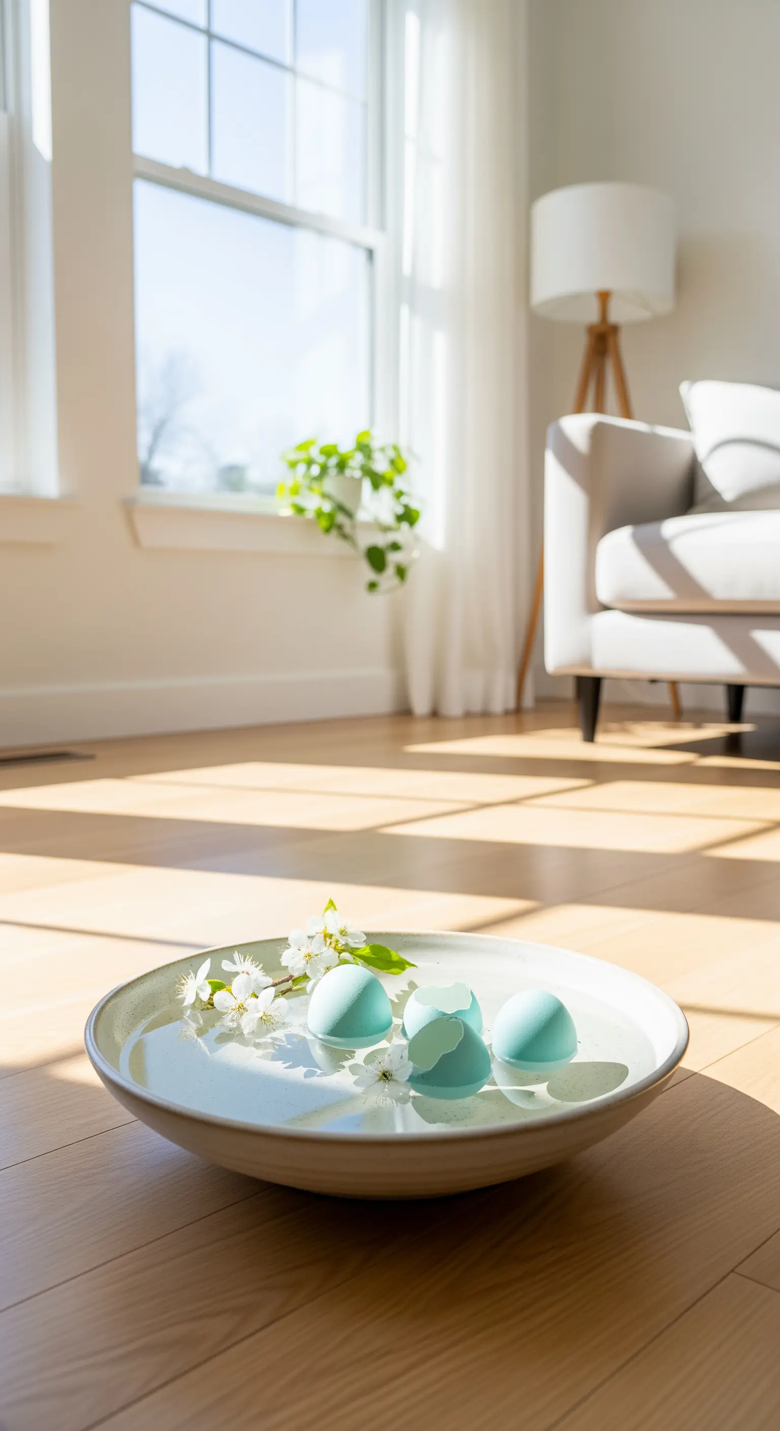 Eine Wasserschale mit schwimmenden Blüten und Ostereiern fängt das Sonnenlicht ein.