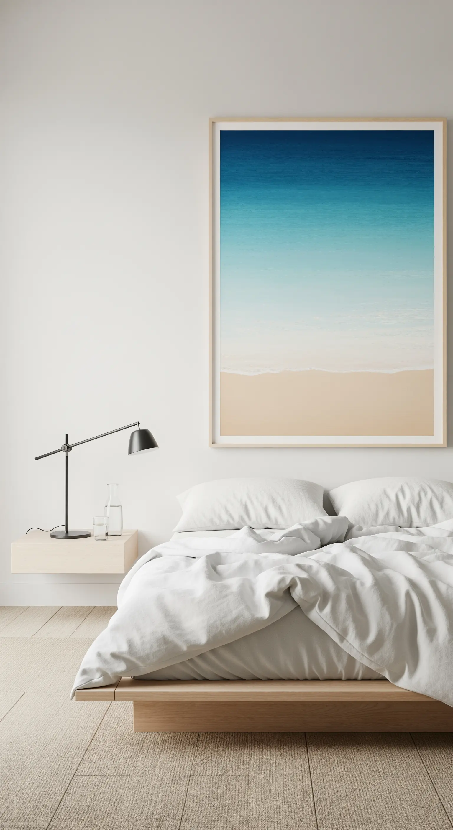 Minimalistisches Schlafzimmer mit großem abstraktem Meeresbild über dem Bett.