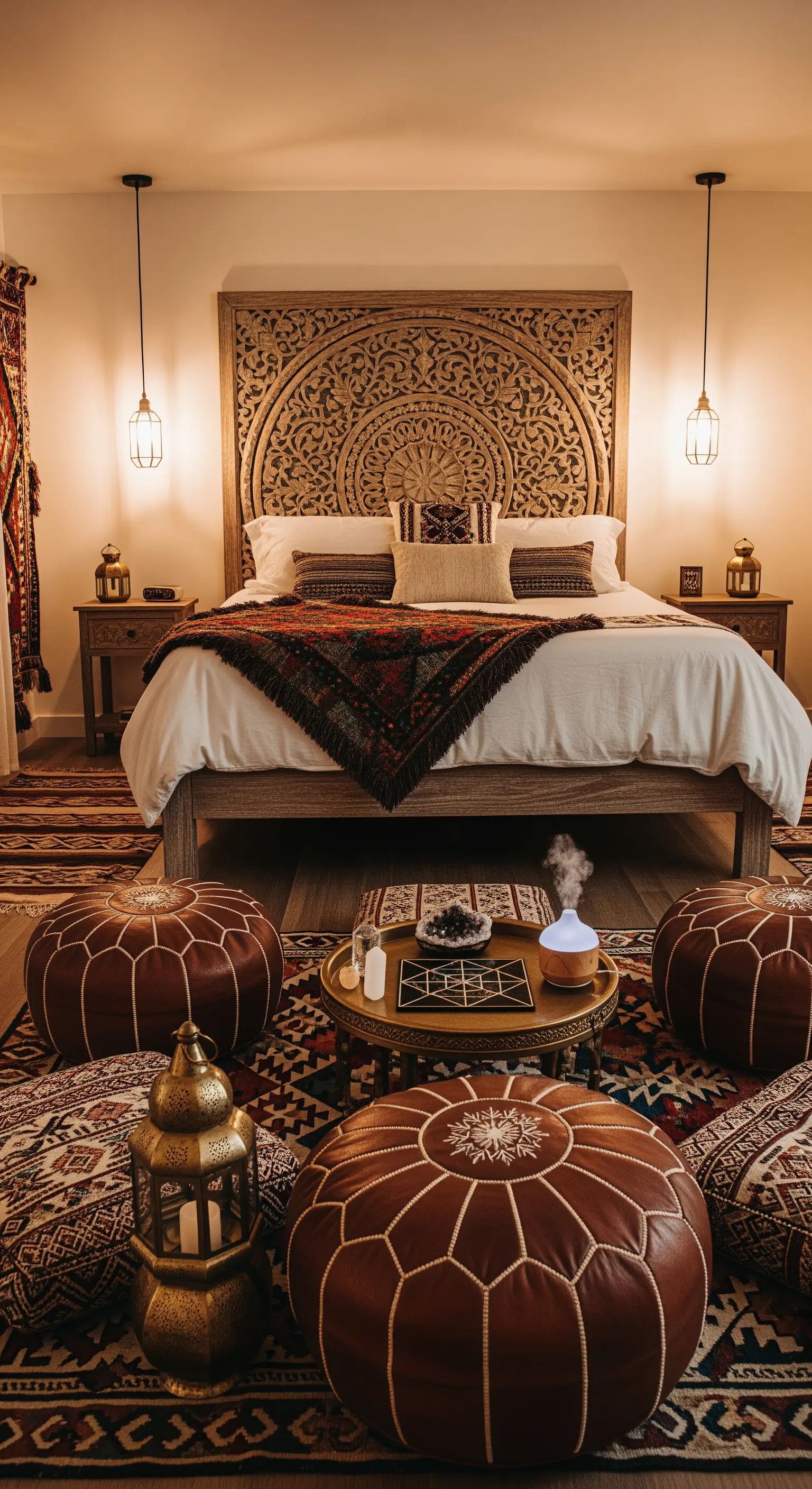 Boho-Schlafzimmer mit großem, geschnitztem Holzkopfteil und marokkanischen Poufs.