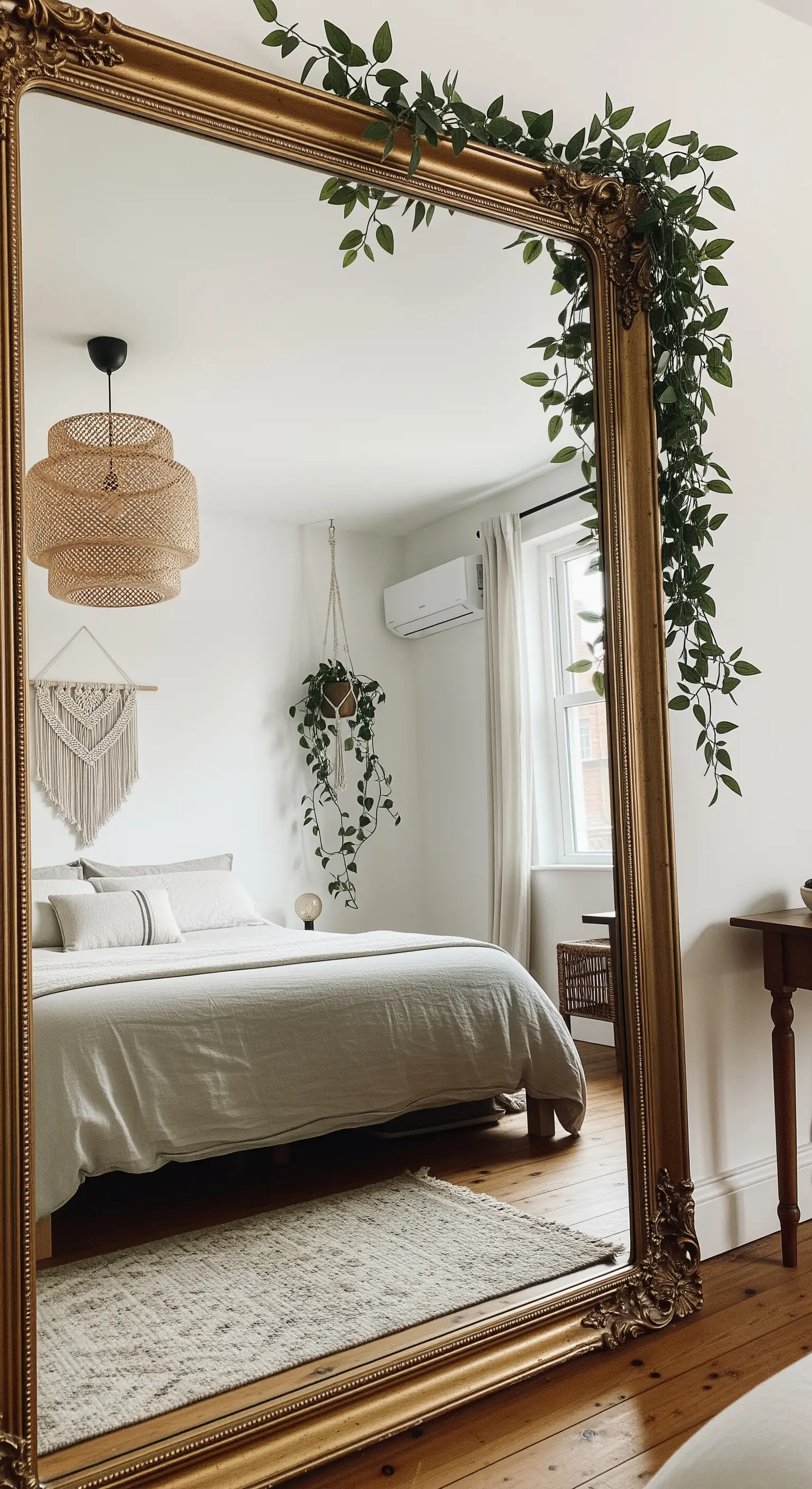 Großer, bodentiefer Spiegel mit Goldrahmen, der ein helles Boho-Schlafzimmer reflektiert.