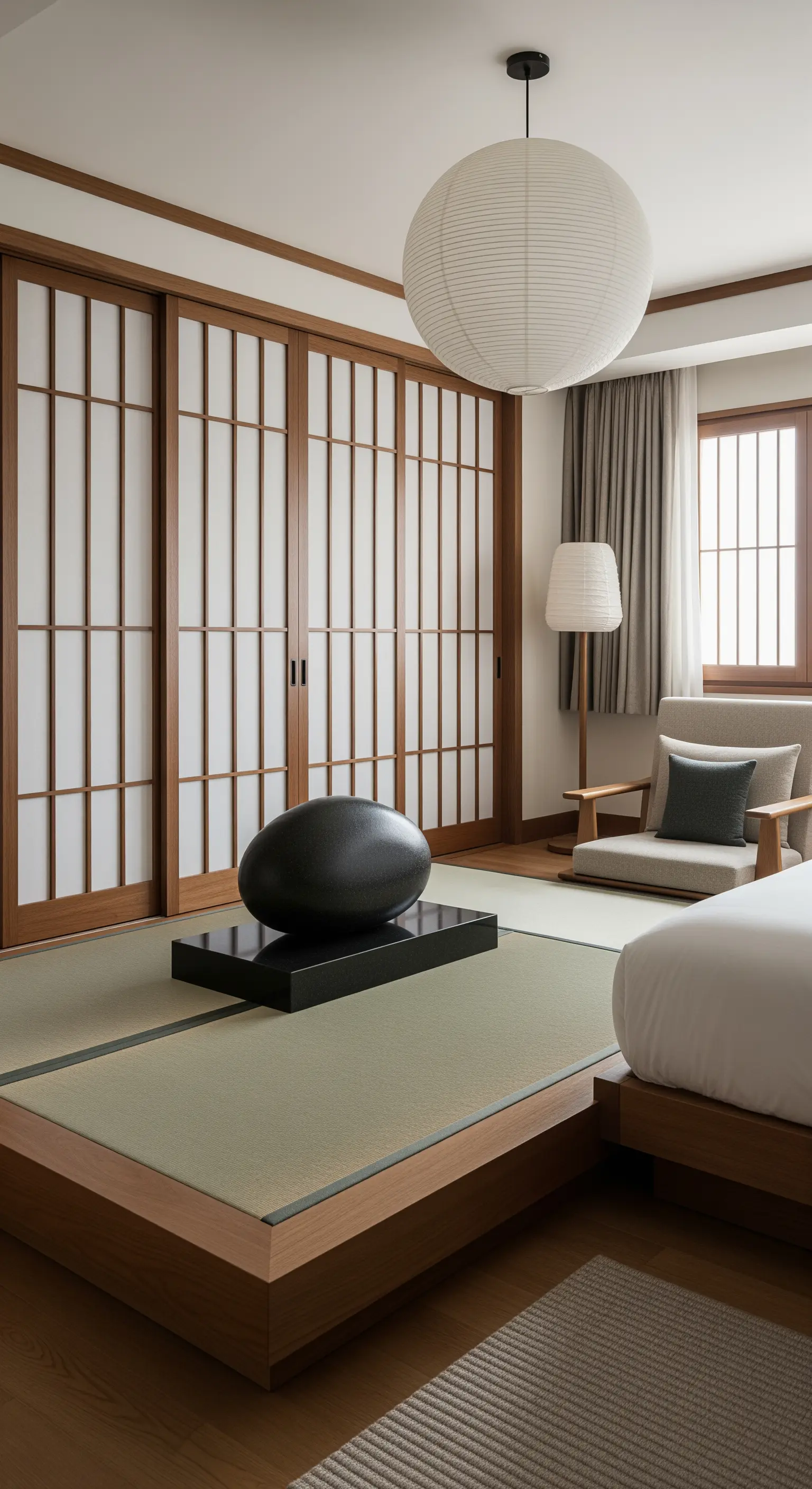 Glatter, schwarzer Stein als Skulptur in einem ruhigen Japandi-Schlafzimmer mit Tatami-Matten.