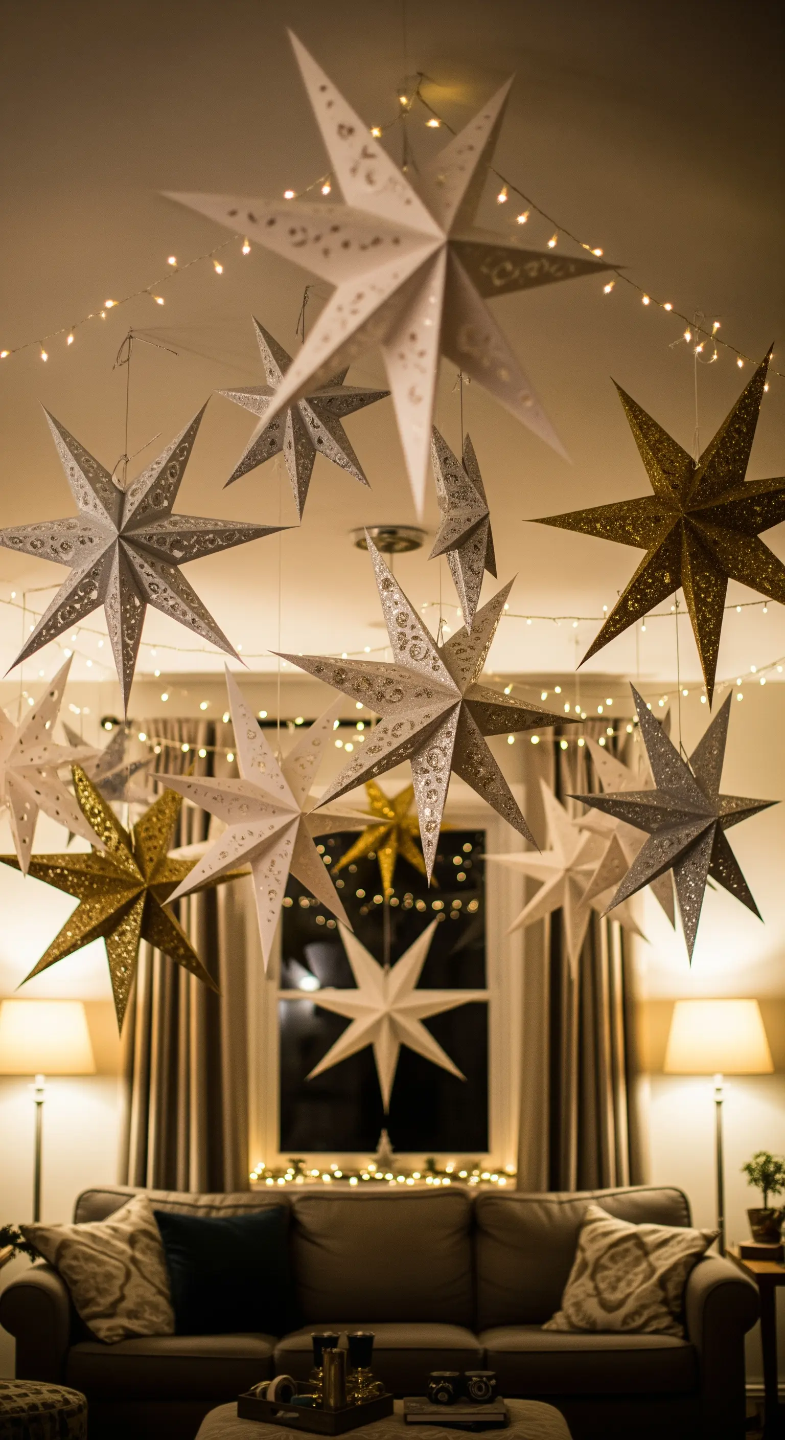Schwebende Papiersterne in Weiß und Gold über einem Sofa für eine gemütliche Neujahrsstimmung.