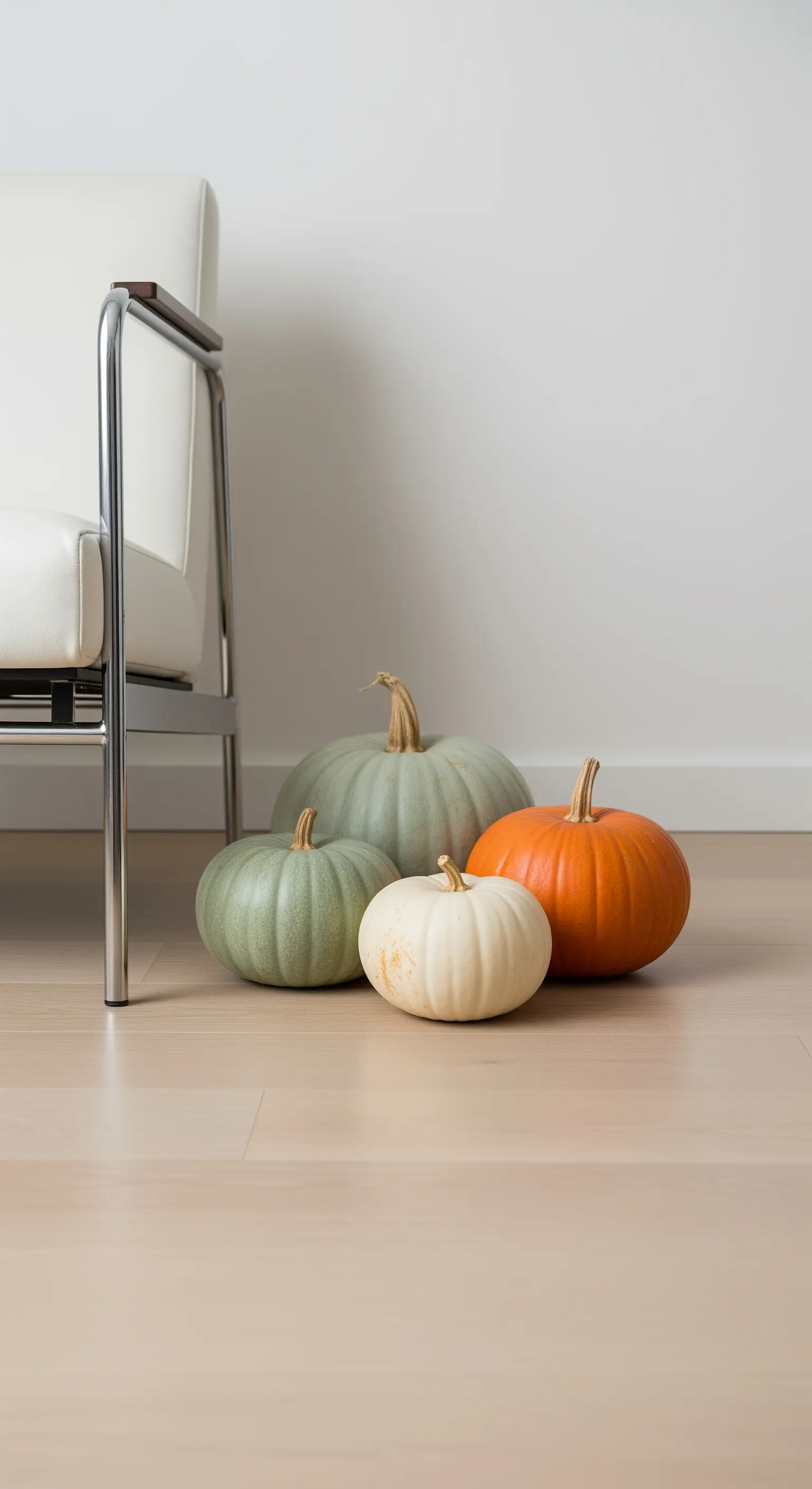 Gruppe von Kürbissen in gedämpften Grün-, Weiß- und Orangetönen auf dem Boden.