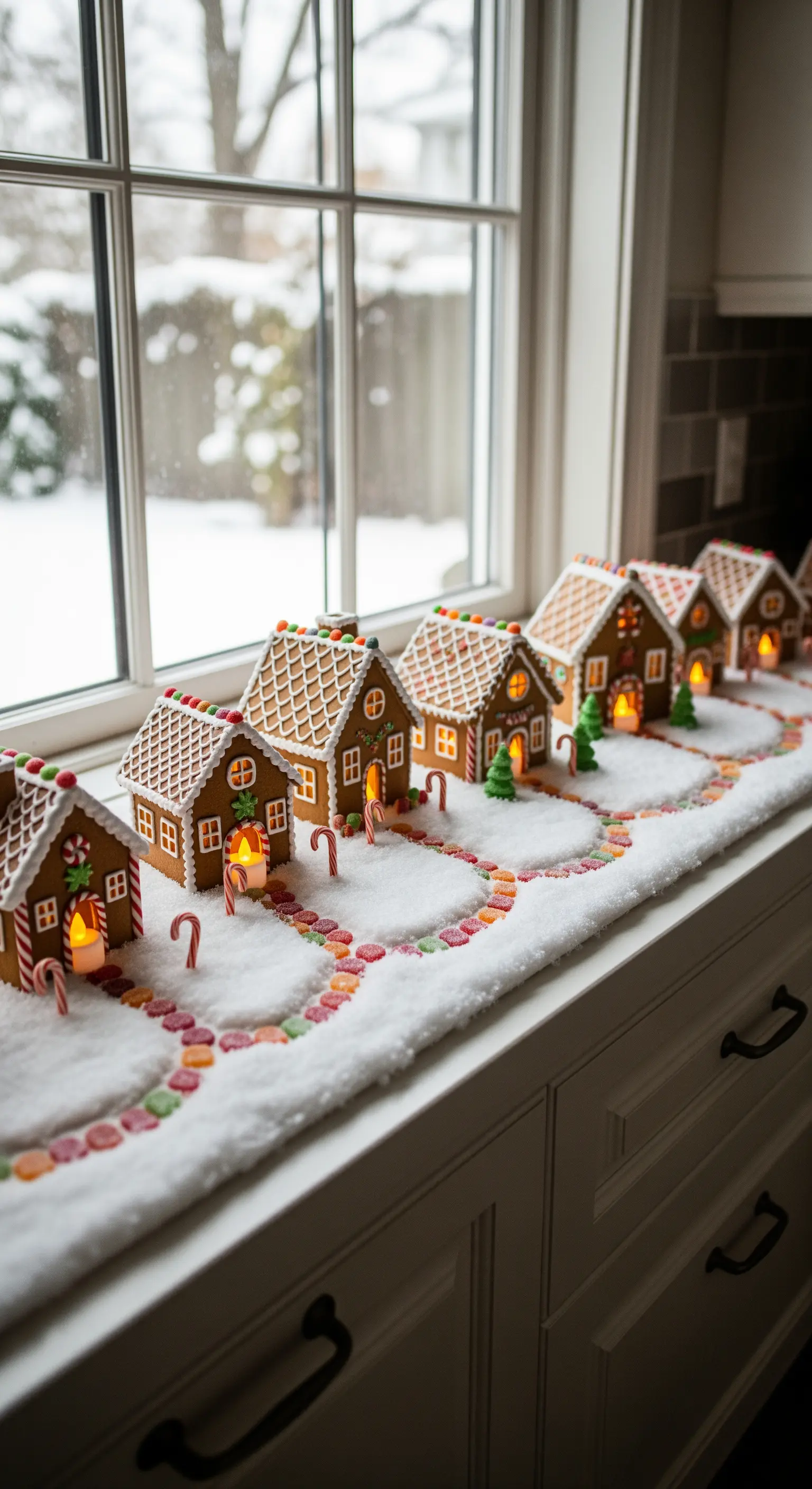 Eine Reihe von Lebkuchenhäusern auf einer verschneiten Fensterbank in der Küche.