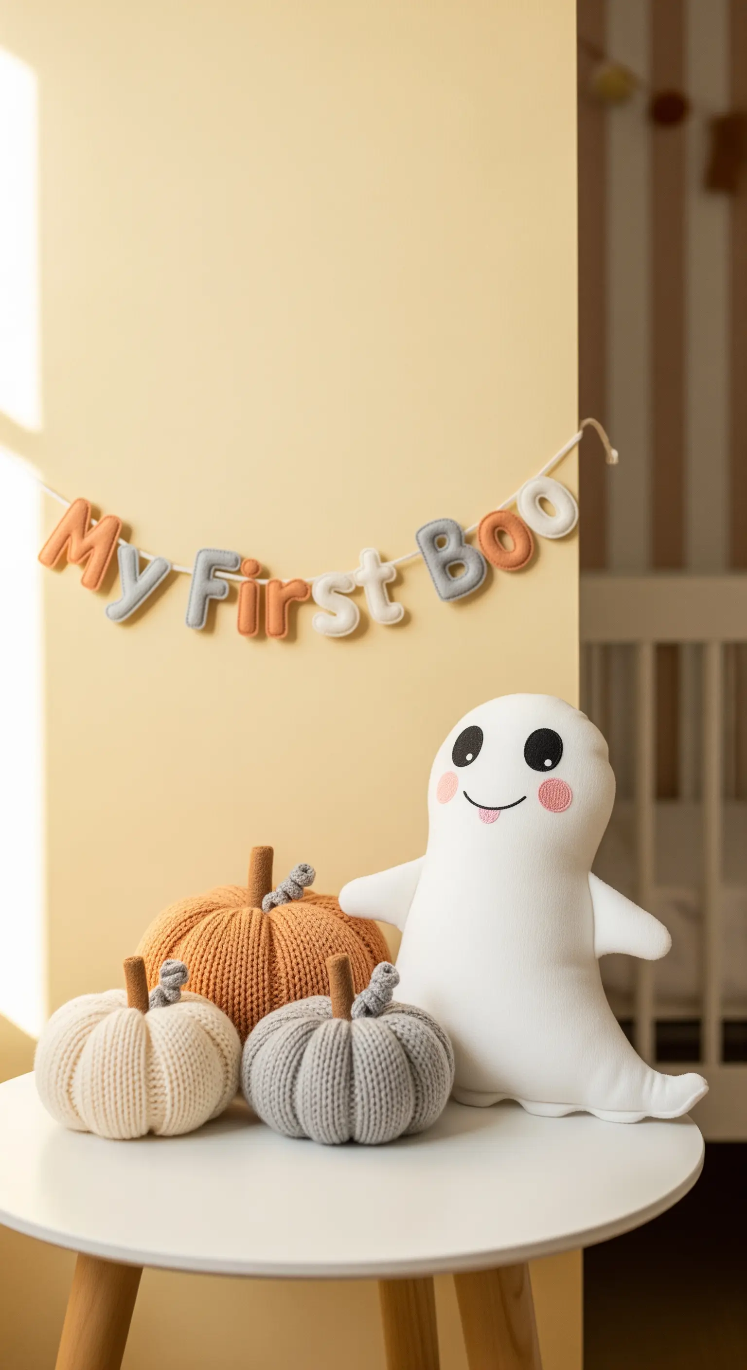 Ein kleines Deko-Arrangement für Babys erstes Halloween mit gestrickten Kürbissen und einer „My First Boo“-Girlande.