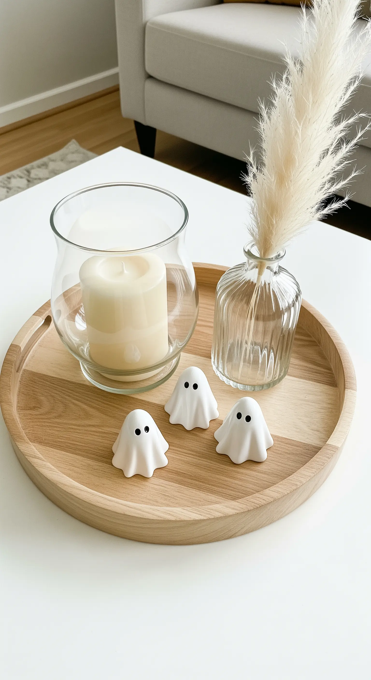 Holztablett mit Kerze, Pampasgras und kleinen Keramik-Geistern