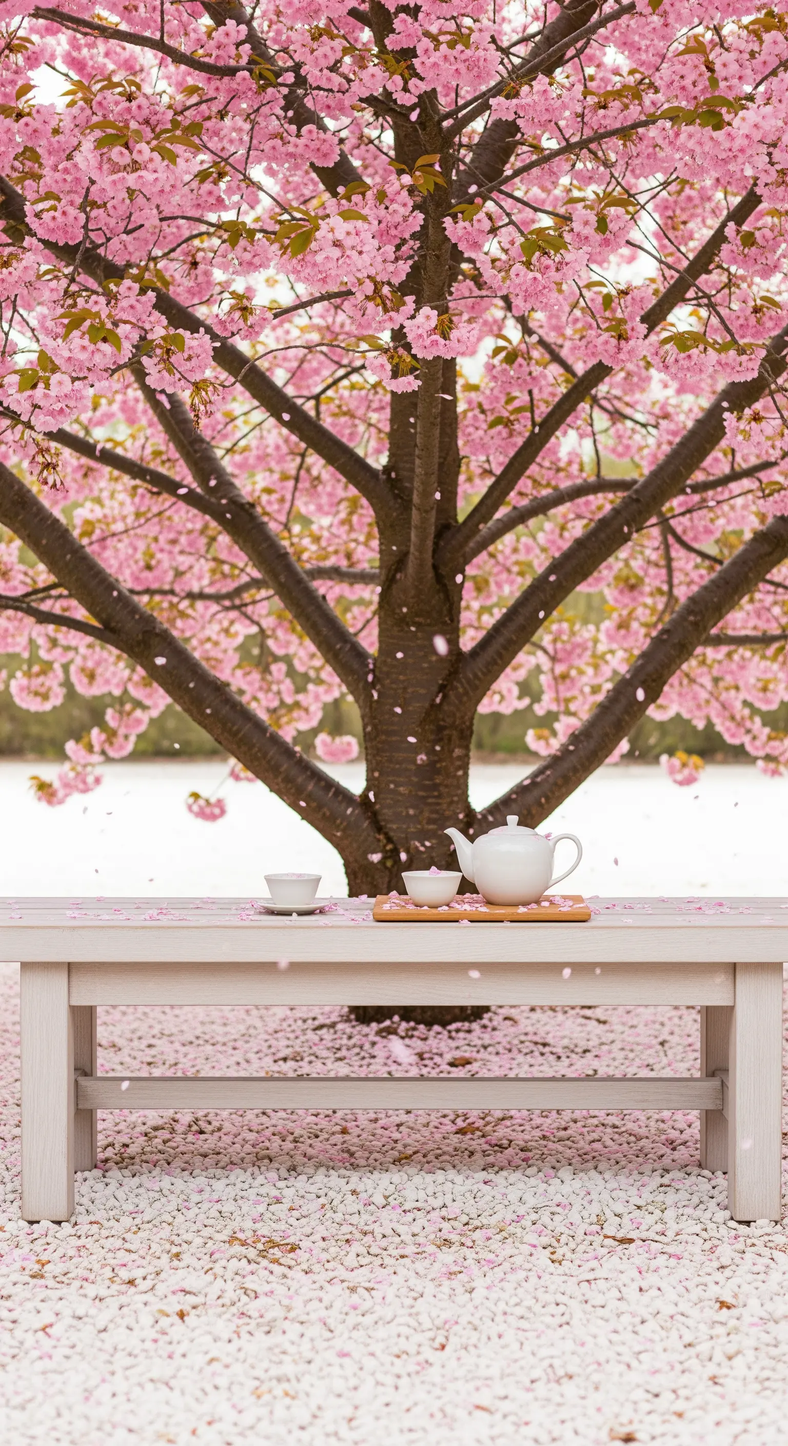 Helle Holzbank unter einem blühenden Kirschbaum mit herabfallenden Blütenblättern