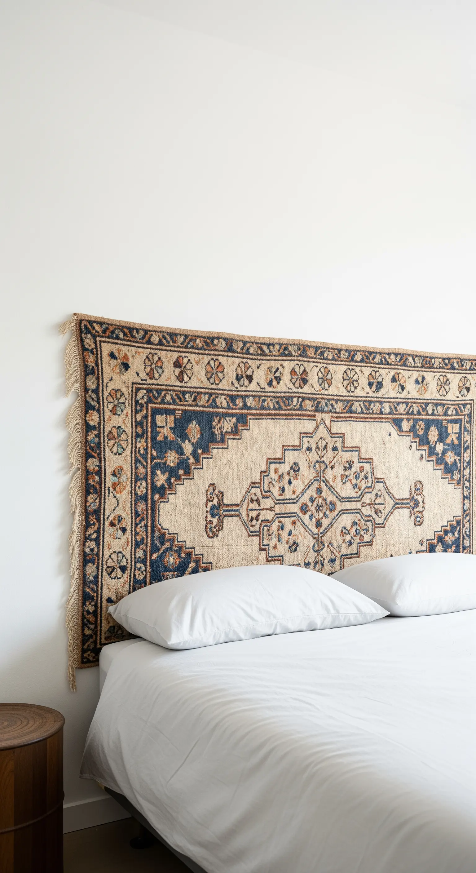 Ein gemusterter Vintage-Teppich hängt als kreatives Kopfteil über einem Bett.