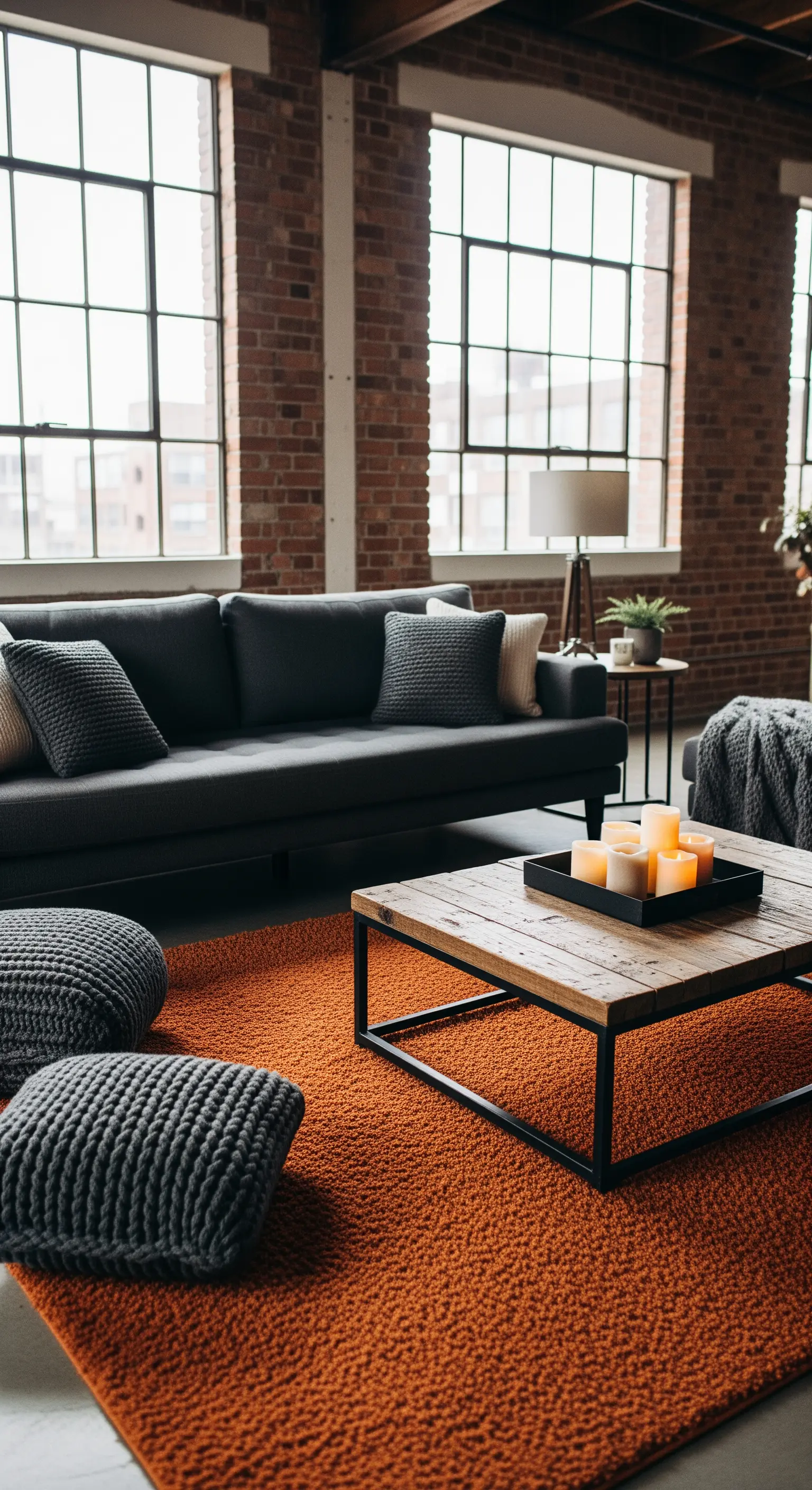 Rostoranger Teppich in einem Loft-Wohnzimmer mit Backsteinwand.
