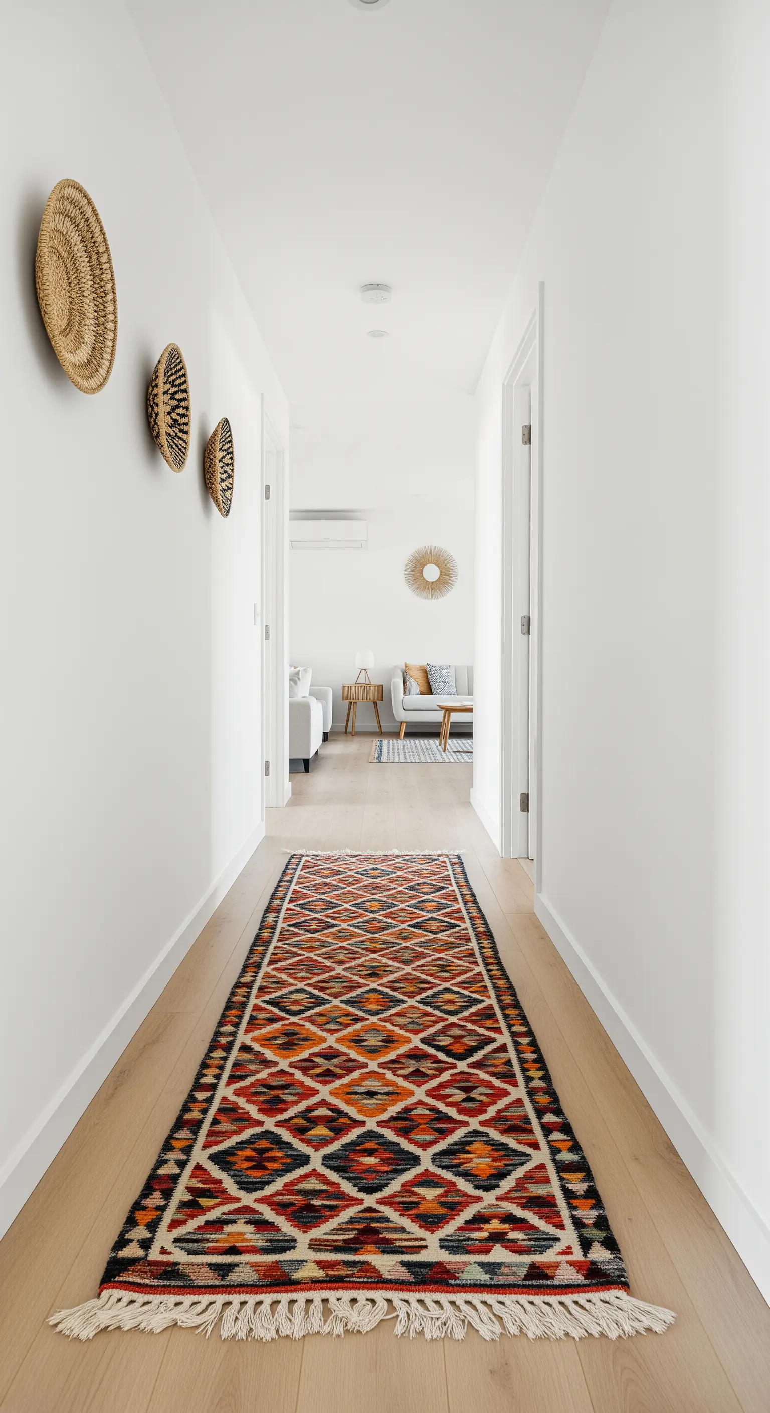 Langer Flur mit einem farbenfrohen Kelim-Läufer und geflochtenen Körben an der Wand.