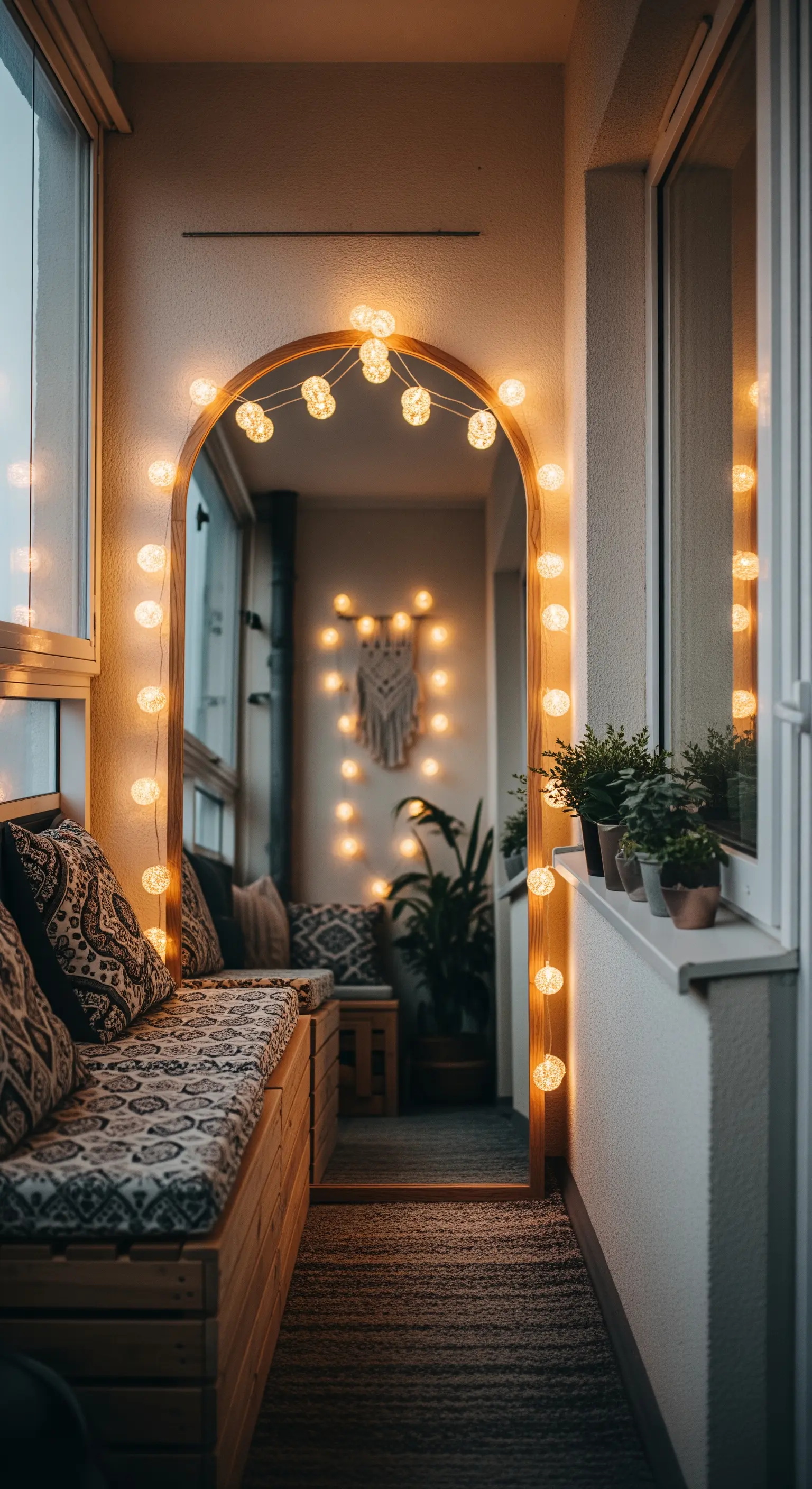 Ein schmaler Balkon mit einem leuchtenden Bogen aus einer Lichterkette um einen Spiegel