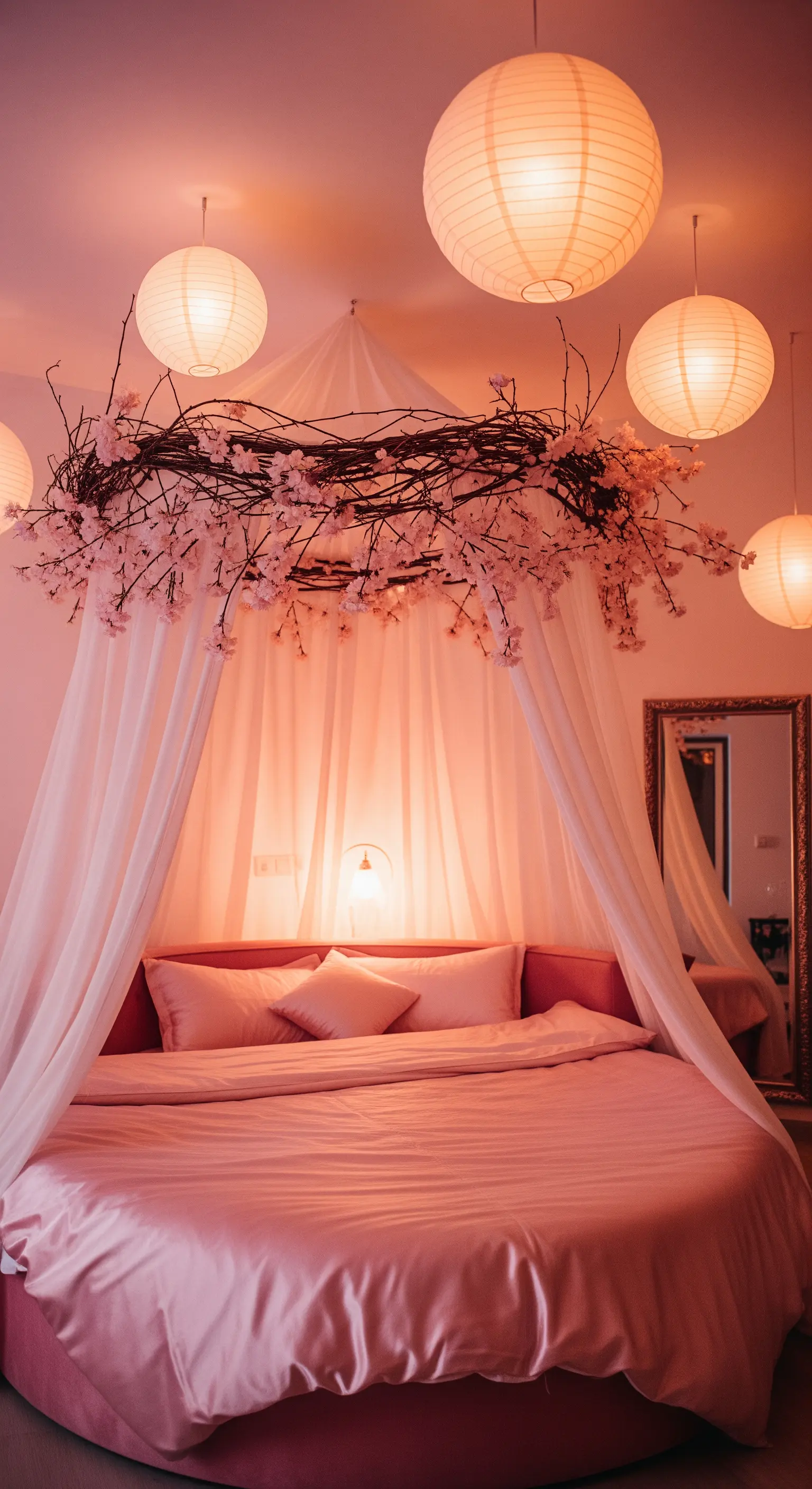 Romantisches rosa Schlafzimmer mit einem Blütenkranz-Baldachin über einem runden Bett.