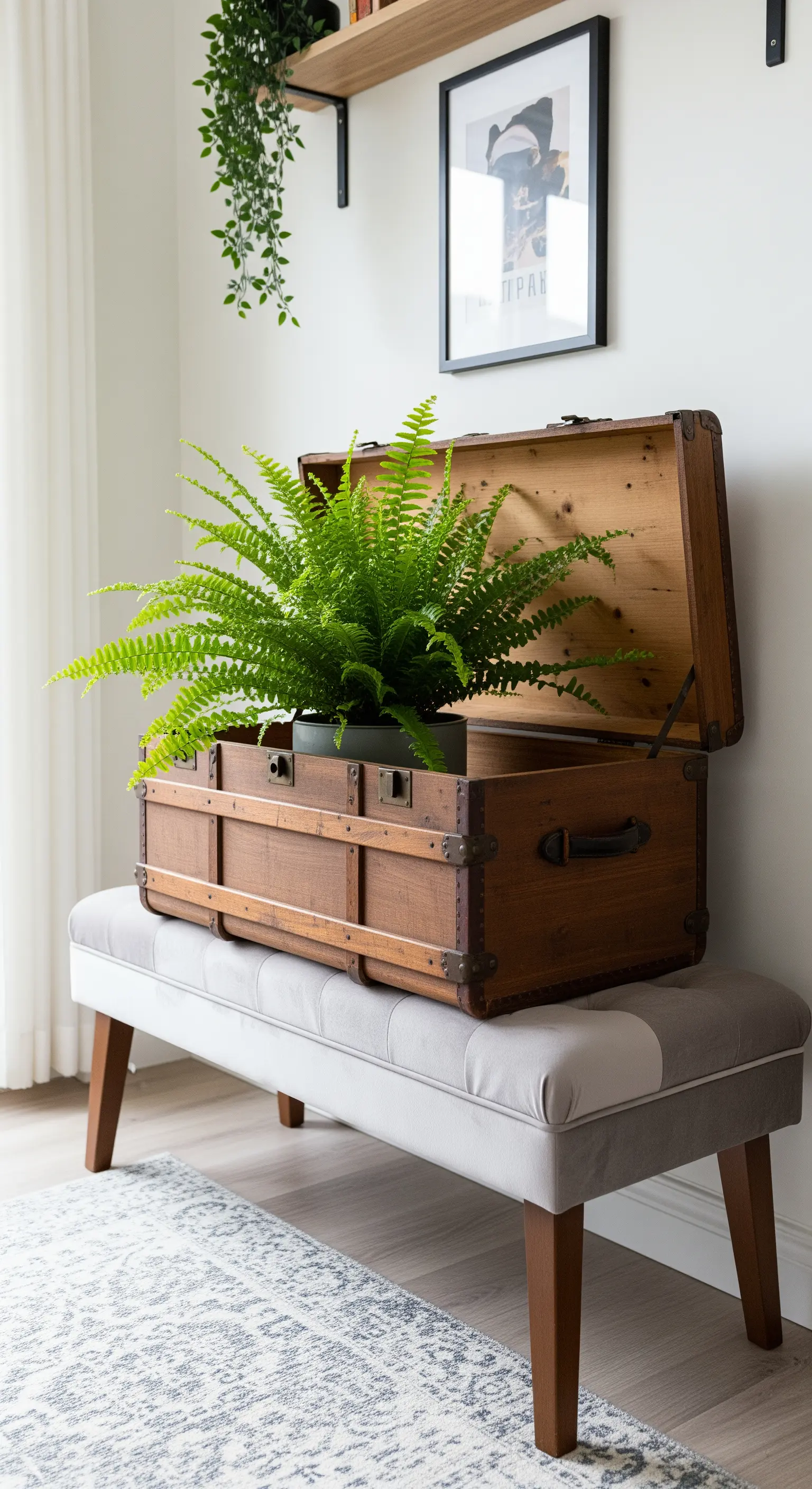 Ein großer, buschiger Farn, der in einem geöffneten Vintage-Holzkoffer auf einer Bank steht.