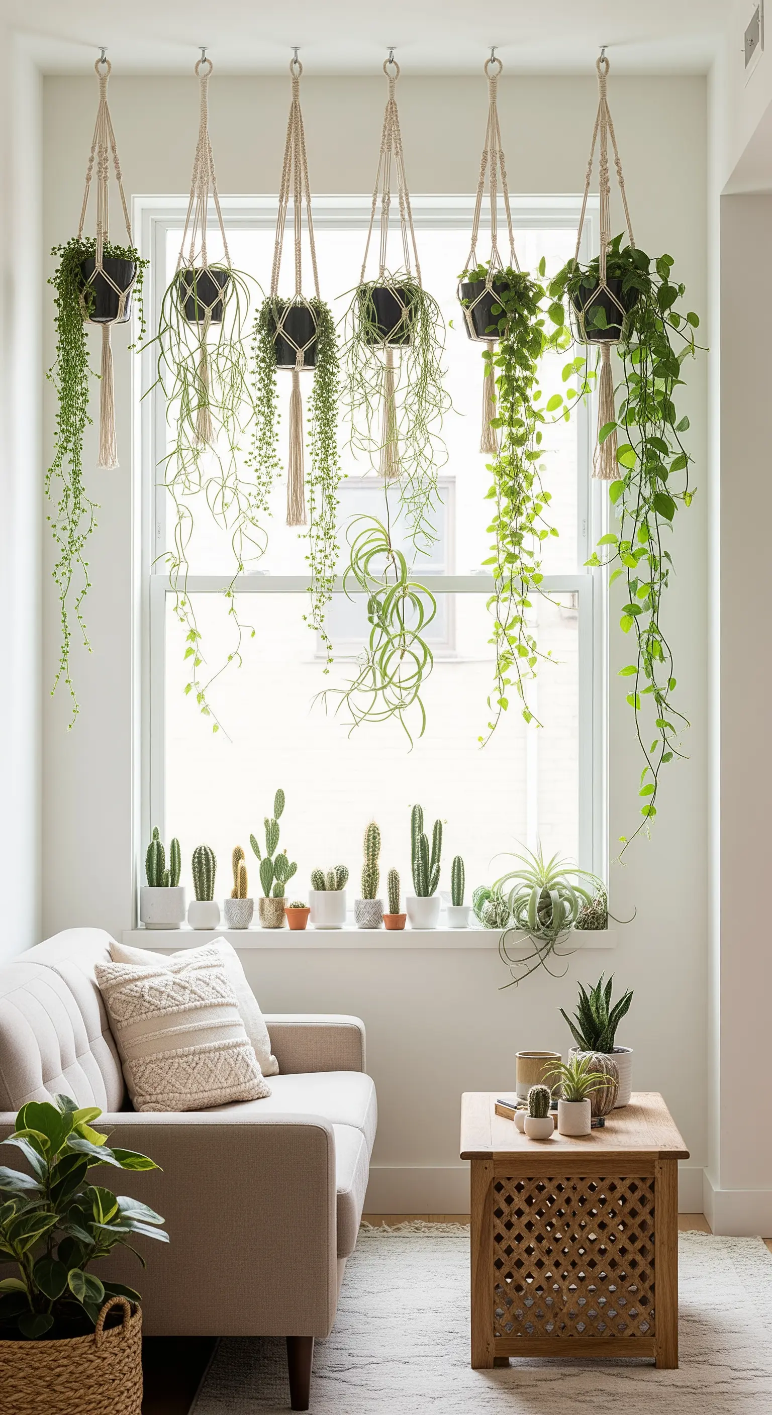 Eine Reihe von Hängepflanzen in Makramee-Halterungen vor einem großen Fenster.