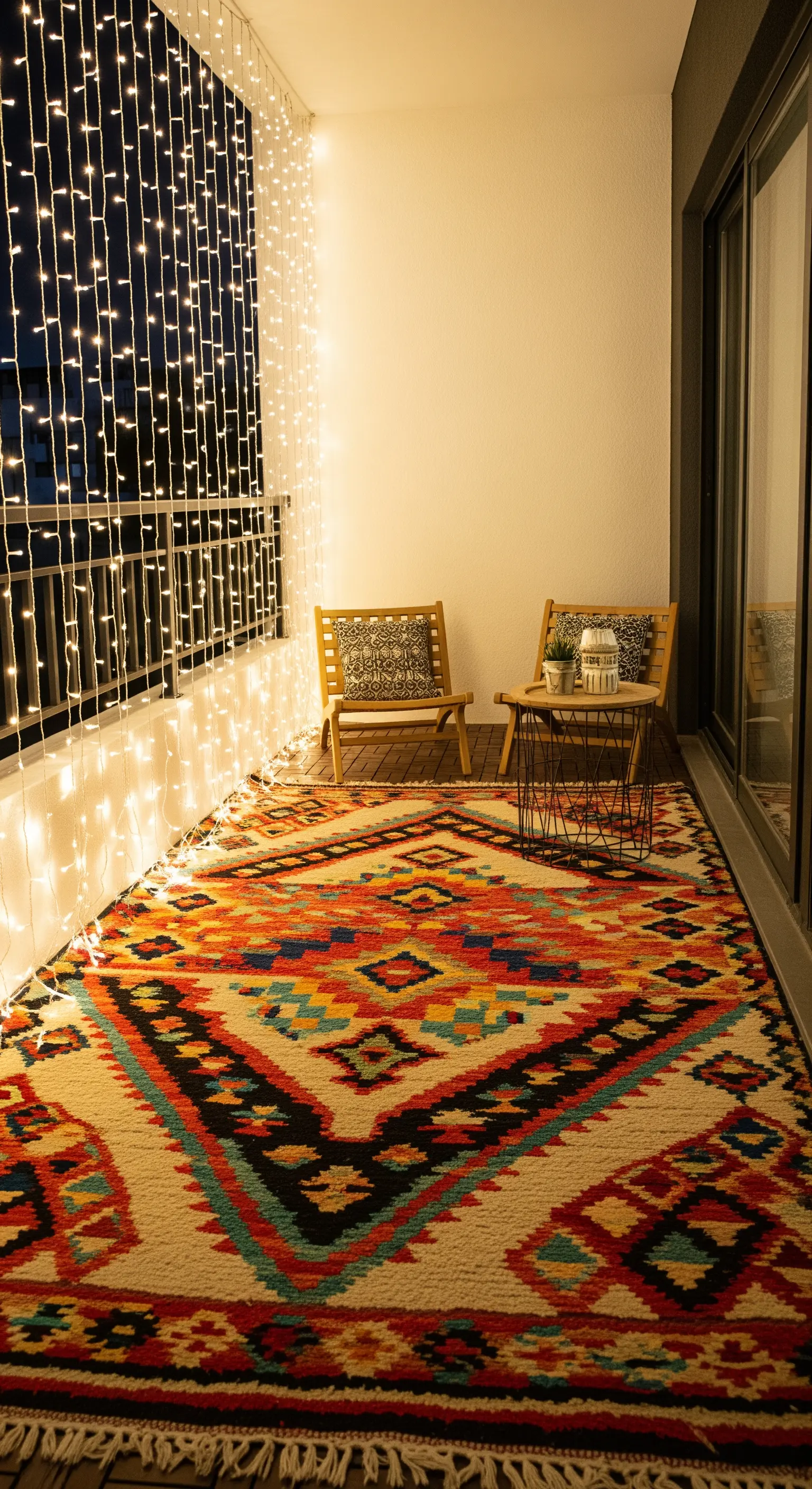 Ein breiter Balkon, dessen Geländer mit einem Vorhang aus Lichterketten geschmückt ist