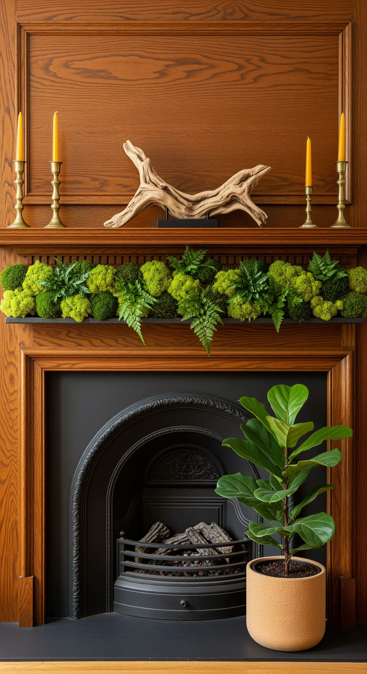 Kamin mit einer üppigen Girlande aus Moos und Farn, ergänzt durch Treibholz und Kerzenhalter