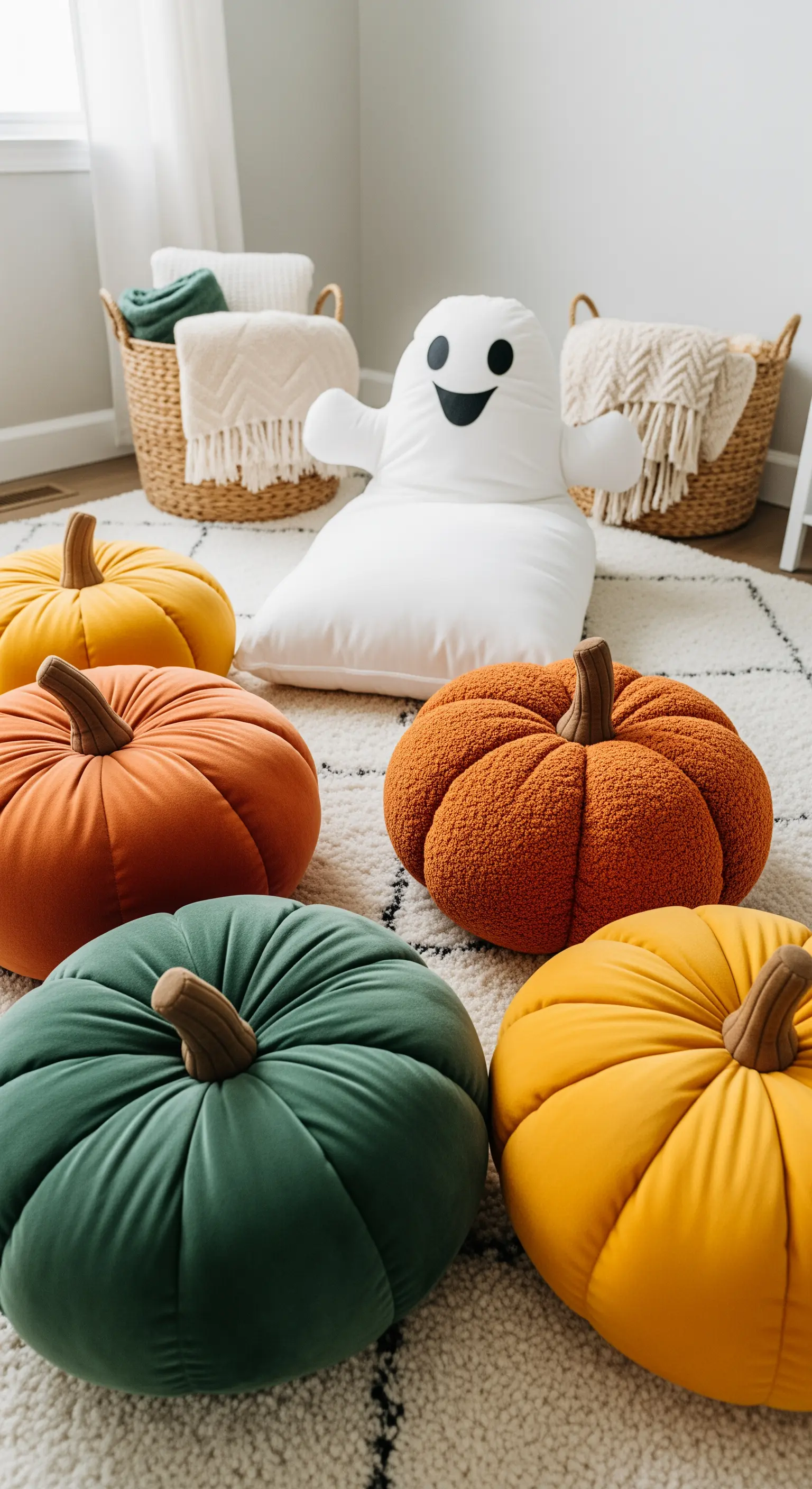 Eine Gruppe großer, bunter Stoffkürbisse und ein großes Geist-Kissen liegen auf einem Teppich im Kinderzimmer.
