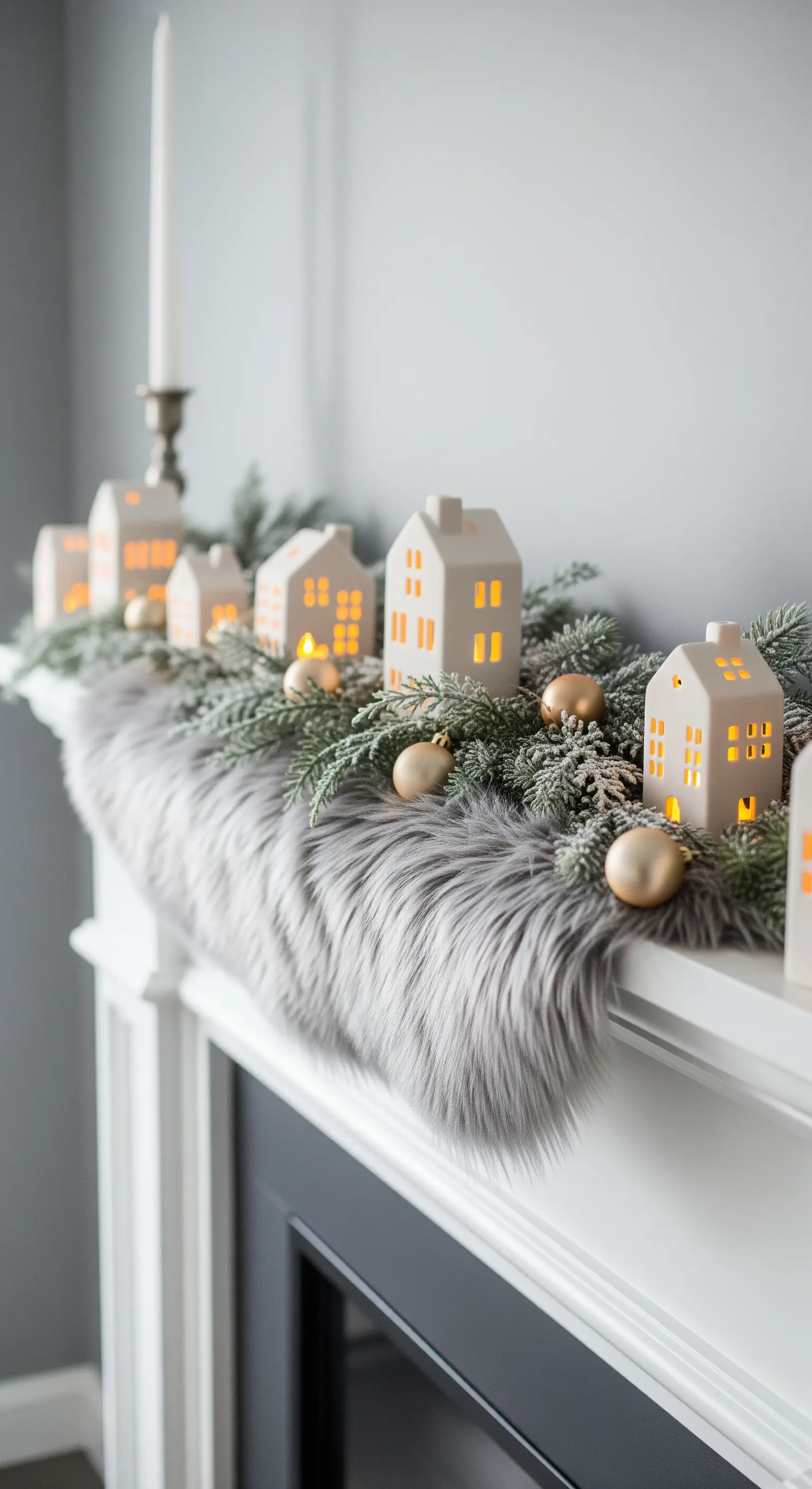 Weiße Keramikhäuser und Kunstfell auf einer weißen Kaminumrandung.