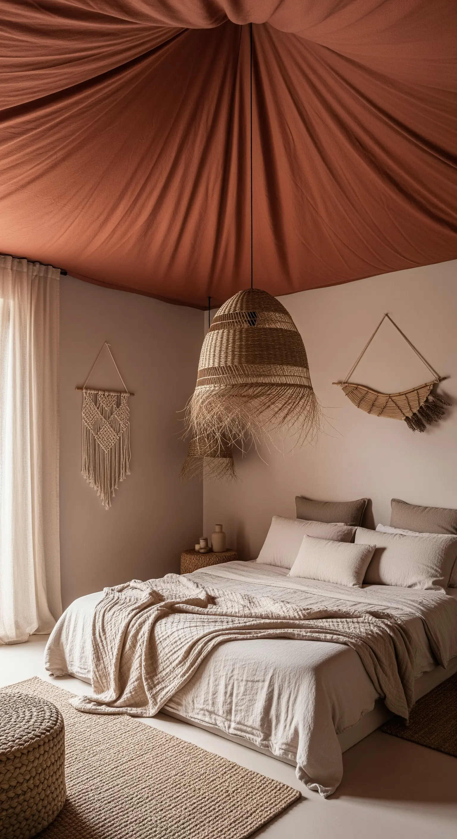 Boho-Schlafzimmer mit einem von der Decke drapierten Stoff in Terrakotta über dem Bett
