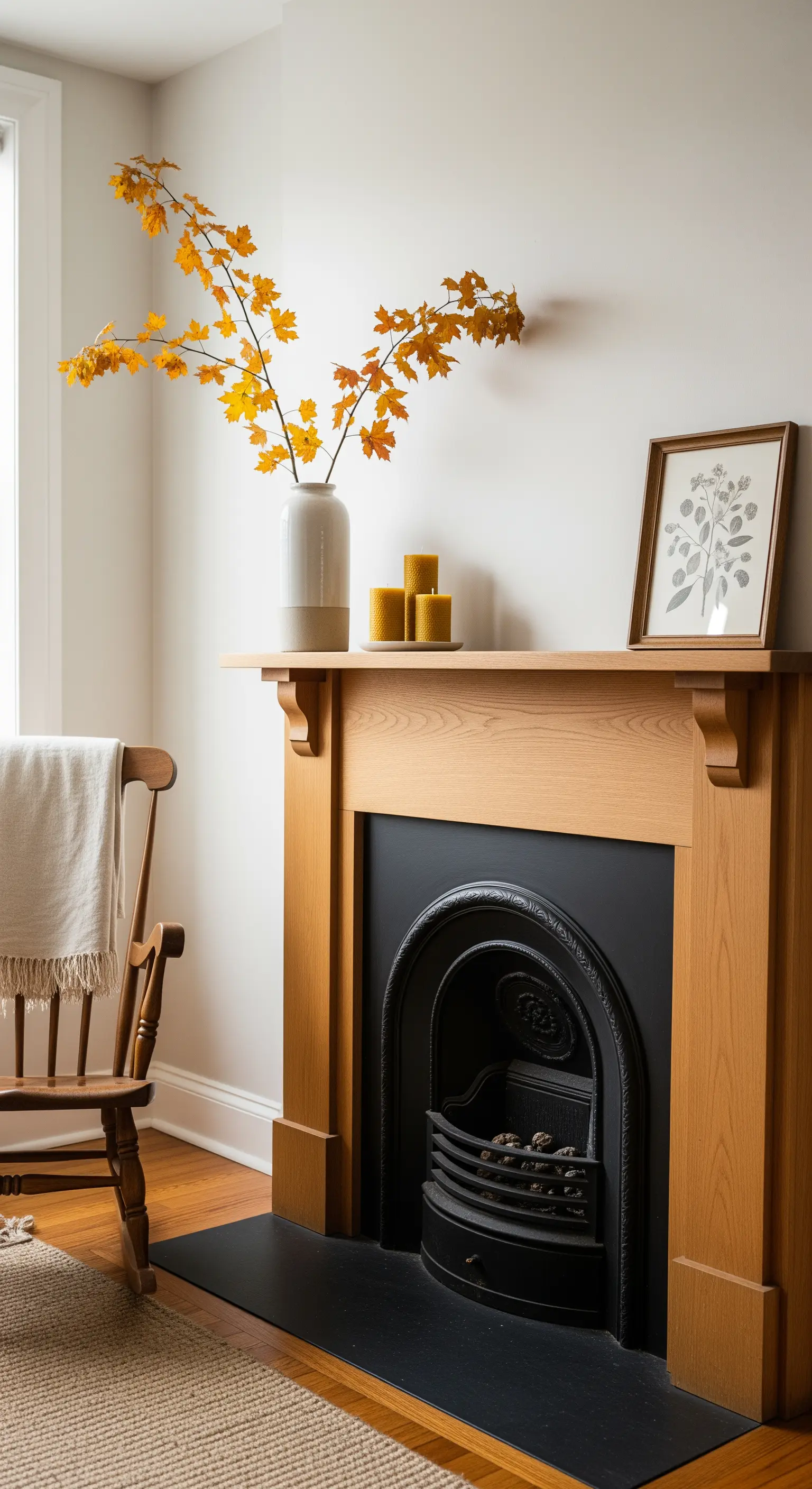 Minimalistischer Holzkamin mit einem großen Herbstast in einer Vase und Bienenwachskerzen.