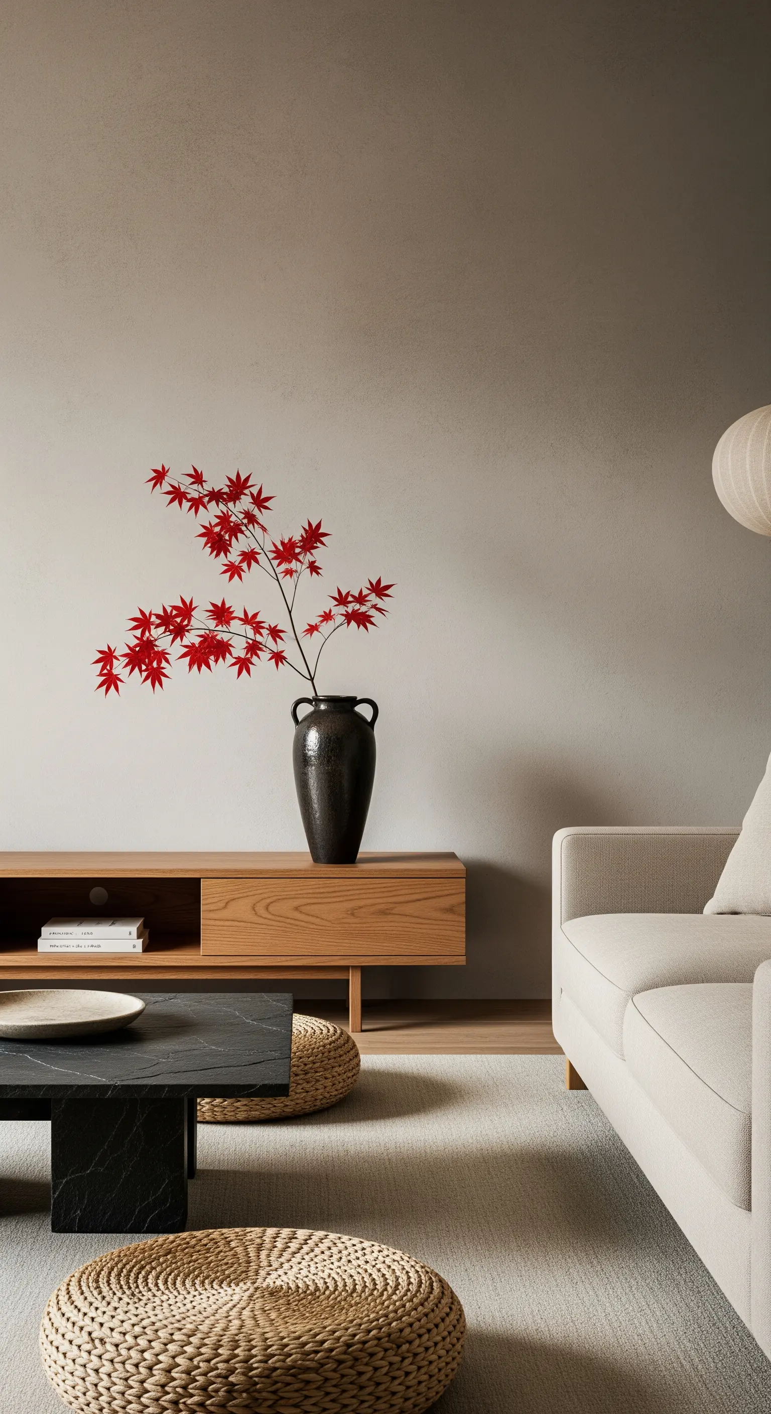 Dunkle Vase mit roten Ahornzweigen in einem minimalistischen Wohnzimmer.