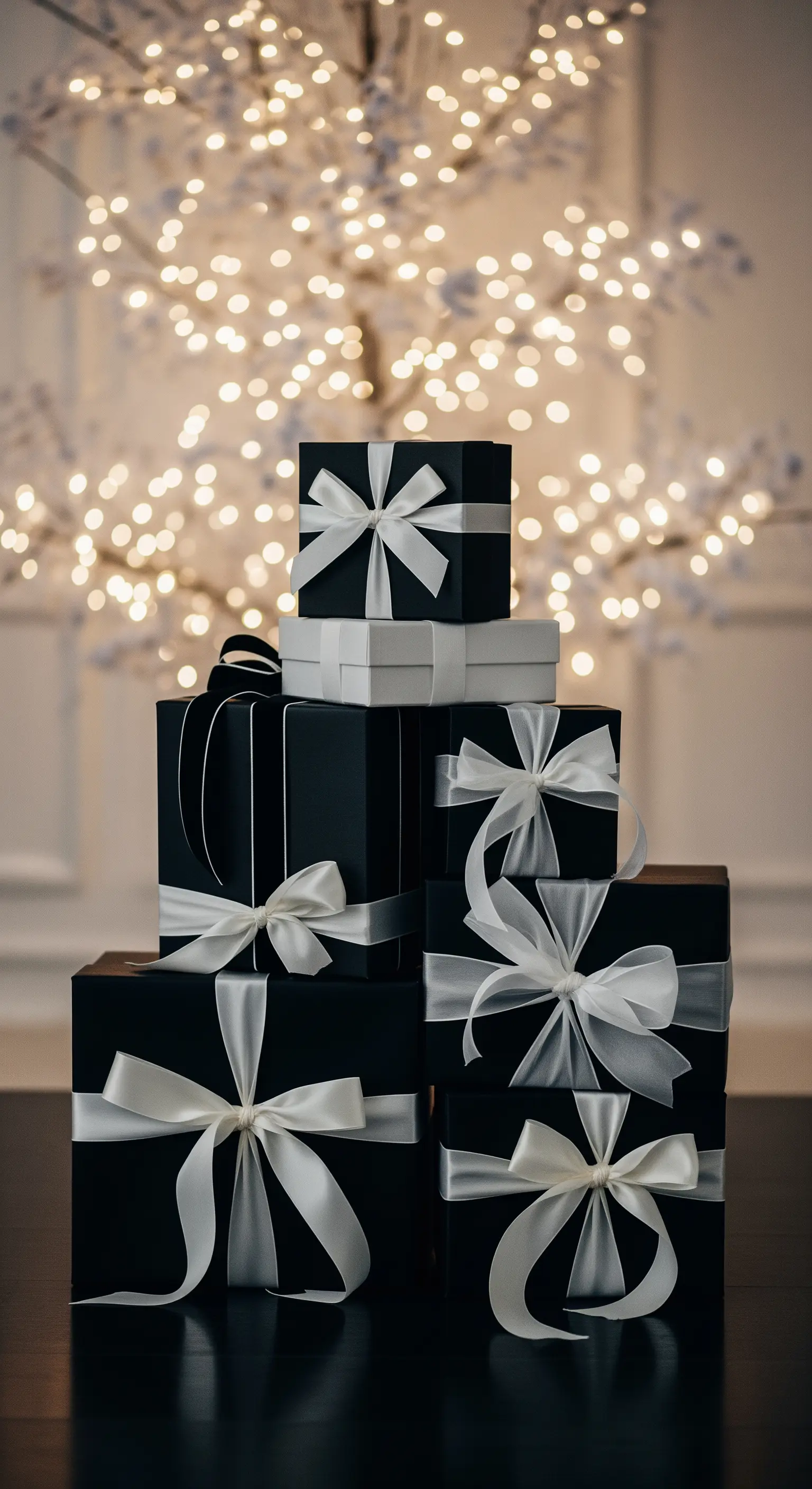Gestapelte schwarze und weiße Geschenke vor funkelnden Lichtern.